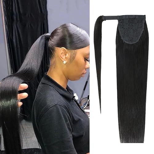 Extensiones de cabello humano lacio con clip de cola de caballo, 100% cabello brasileño sin procesar, correa mágica envolvente alrededor de colas de
