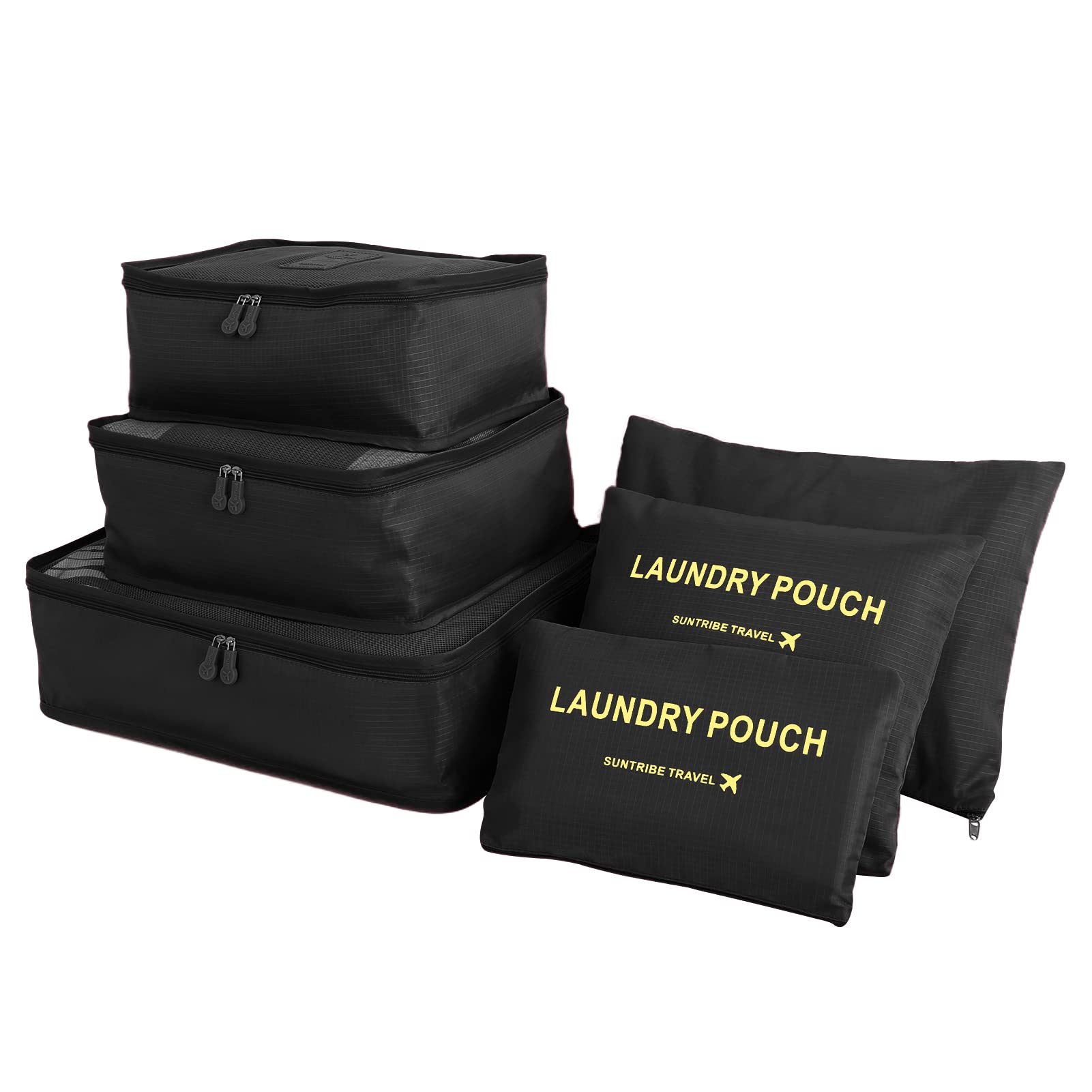 Teynewer Black 6Pcs Travel Organiser Packing Bags Packing Cubes Set Durable Luggage Organisers Suitcase Storage Bags Compression Pouches For Travel Accessories,