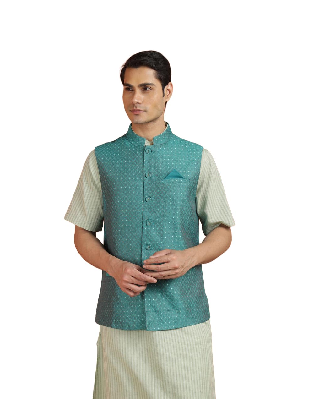 fabindia Teal Viscose Silk Nehru Jacket-picture-12
