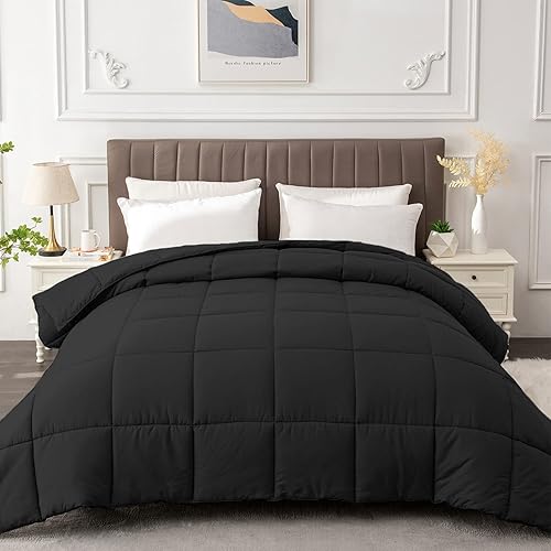MATBEBY Relleno de edredón King Edredones negros para todas las estaciones tamaño King Edredón de plumón alternativo acolchado con pestañas en las