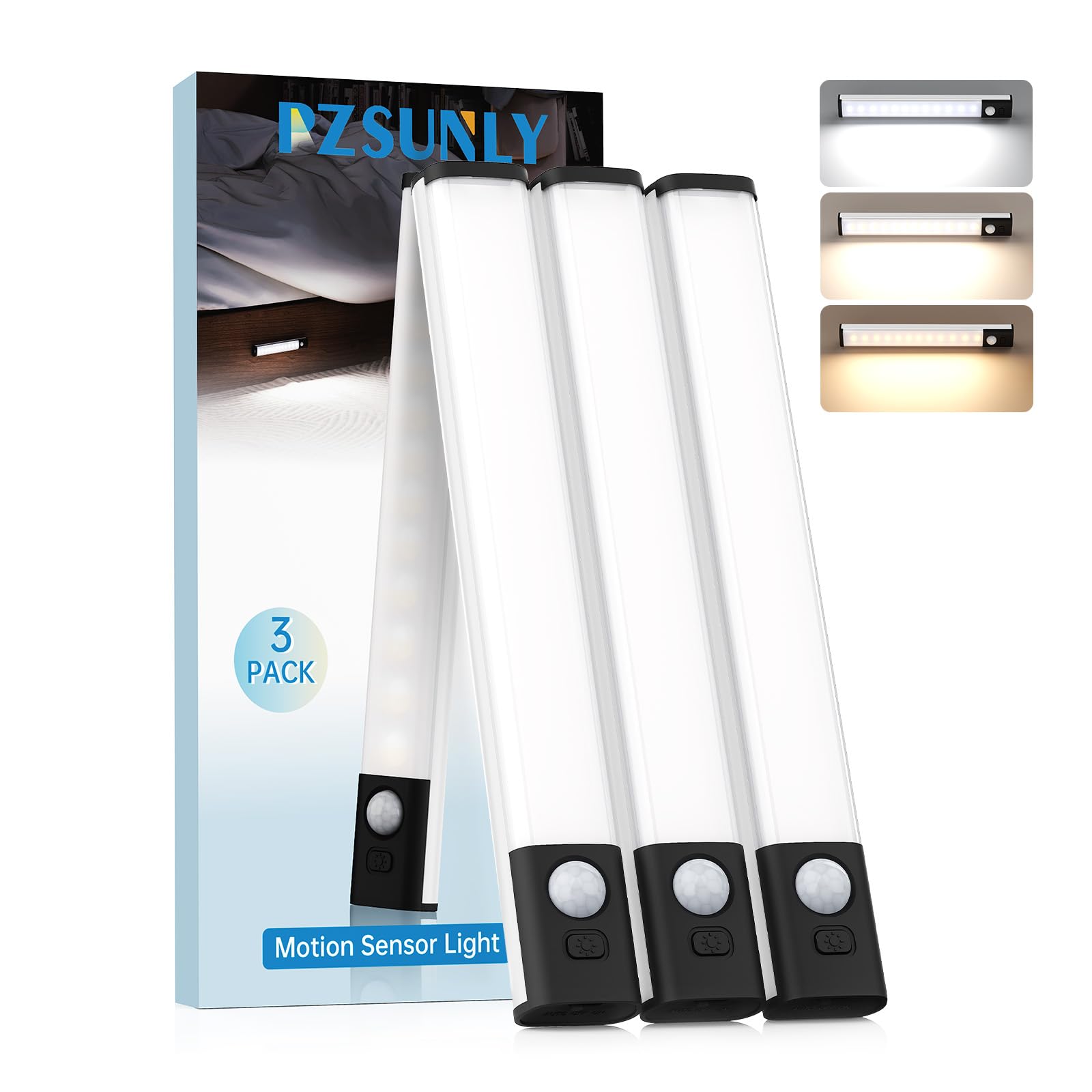 PZSUNLY Schranklicht mit Bewegungsmelder- 3 Stück Led Schrankbeleuchtung 3000K-6000K, 3-in-1 Aufladung, 3 Farbtemperaturen Bewegungsmelder Innen Unterbauleuchte Led für Küche/Schrank/Regal (20cm)