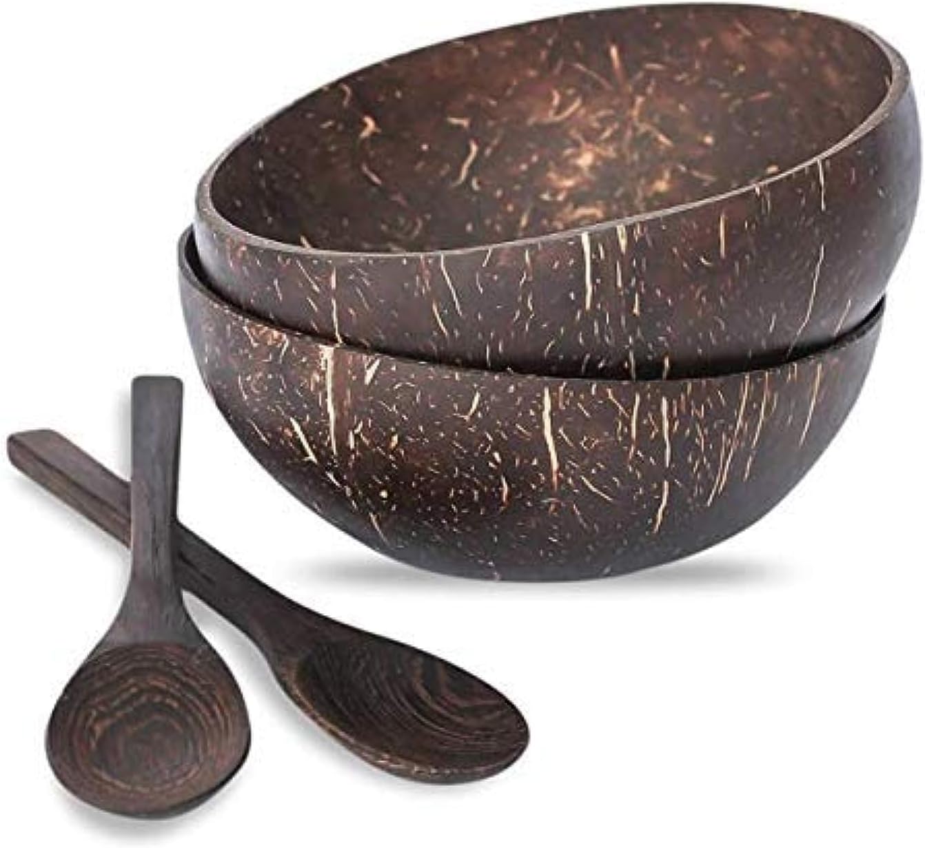 Coco Co. Natural Coconut Bowls and Spoons, Coconut Bowls Acai Smoothie Bowl Noodle Ramen Bowls (Set of 2 Bowls and 2 Spoons)