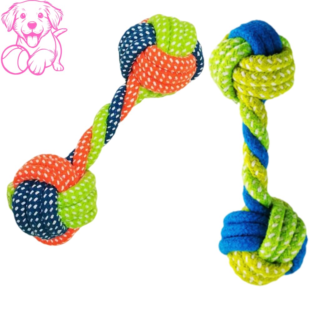 Generico Pacco 2 PZ Gioco Corda Cane taglia PICCOLA o MEDIA,Palla Forma Sferica, Resistente Intrecciata Anti Stress, Attività Motoria Esercizi Tirare, Cura Igiene Denti Gengive (13 Cm, DOPPIA CORDA)