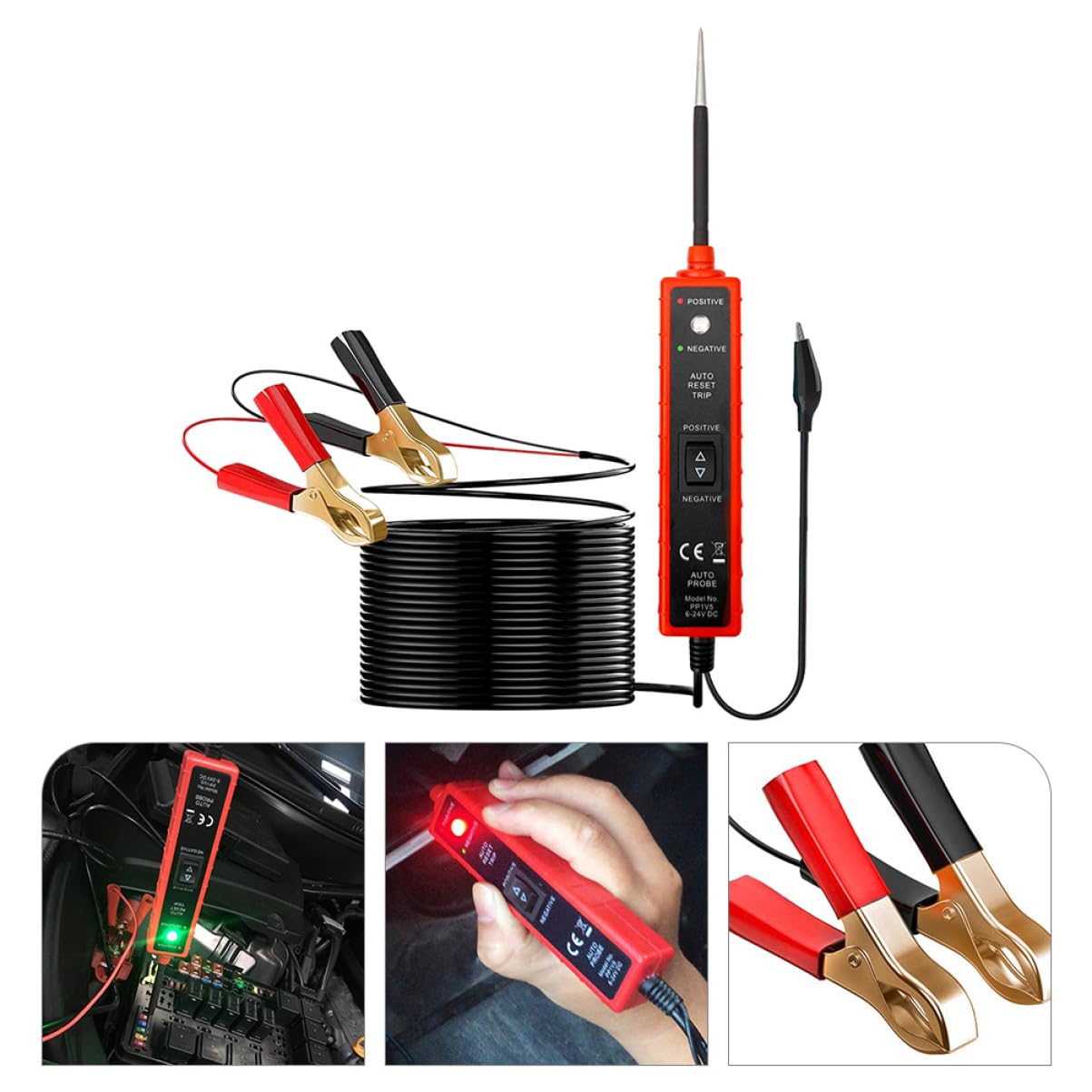 POPETPOP Probador de Circuitos Eléctricos para Vehículos con Clips Positivo y Negativo, Cable de 16 Pies, Protección contra Sobrecarga y Alta Sensibilidad para Sistemas Eléctricos
