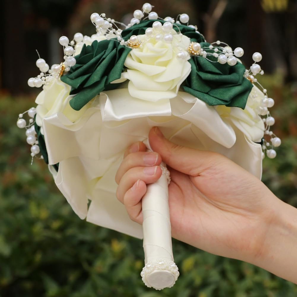 Round Green Ivory Artificial PE Rose Bouquet with Pearl and Rhinestone for Bridal Toss and Bridesmaids Suit for Wedding Party