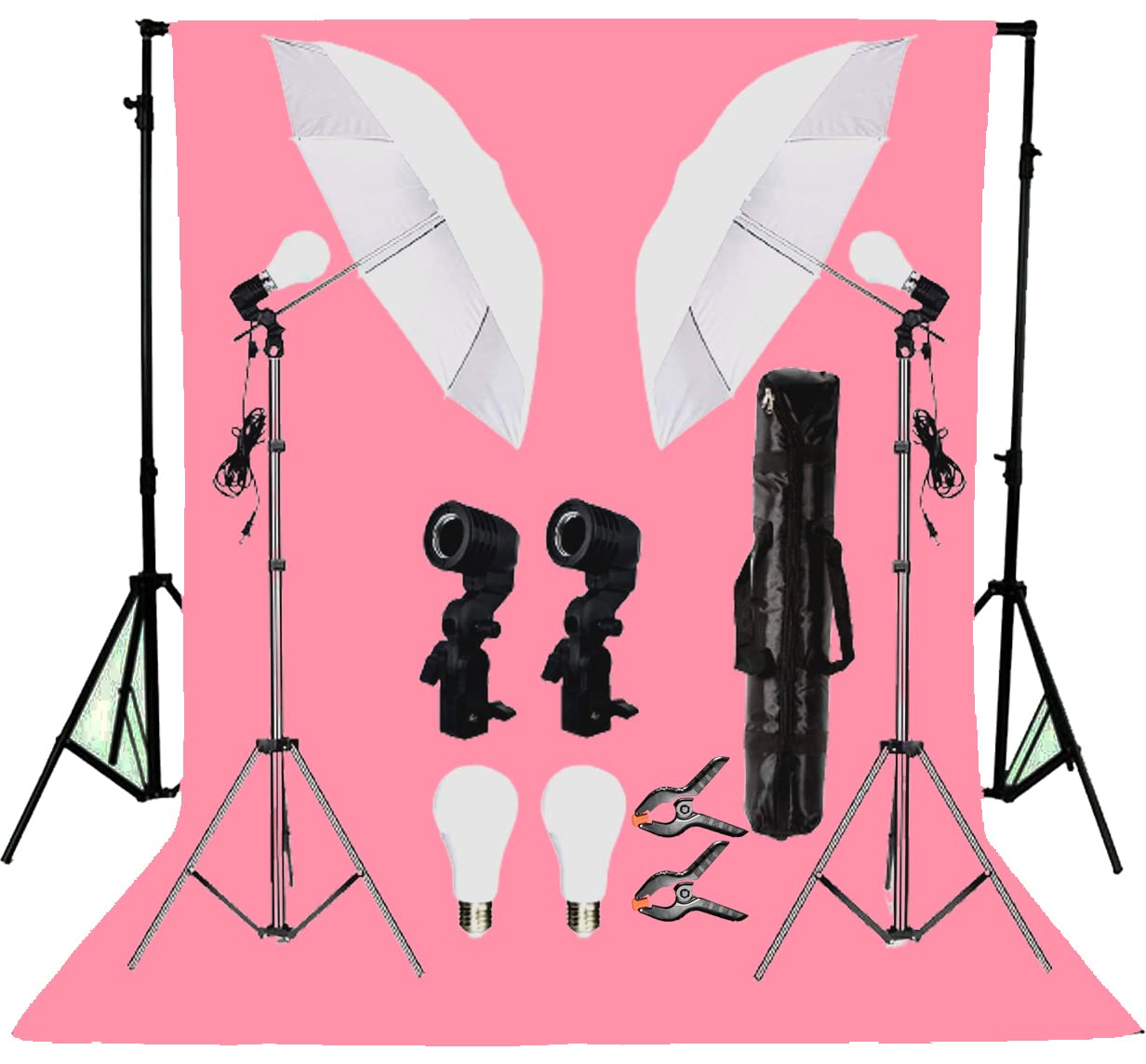 Giftmax Single Holder Umbrella Lighting Kit with Umbrella Studio Light with Backdrop Cloth Screen Photo Background Backdrop Stand Support System (Single Holder Kit + Pink Screen)