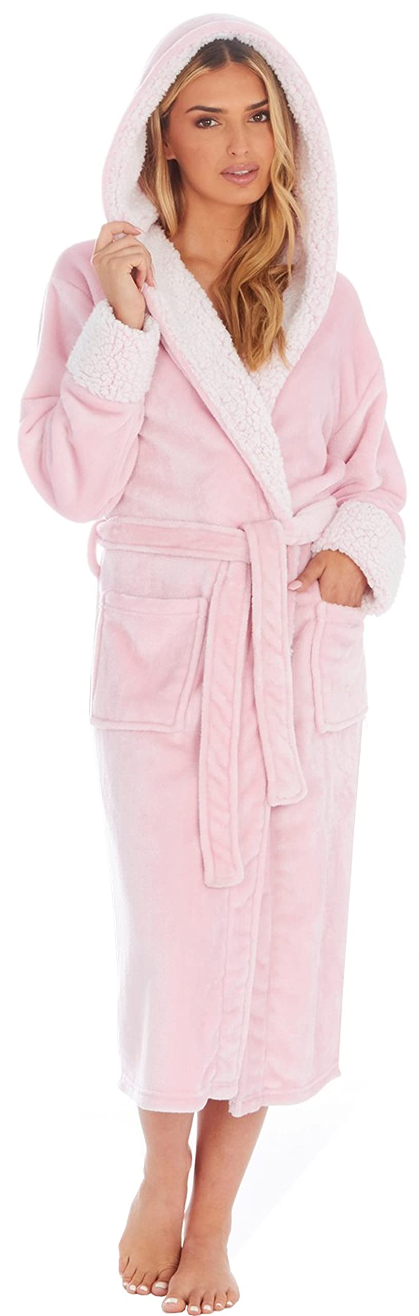 Kate Morgan Women's Pink / Shimmer Soft & Cosy Hooded Dressing Gown | Dressing Gown Soft Plush Bath Robe For Housecoat Loungewear Bathrobe Gifts For Her