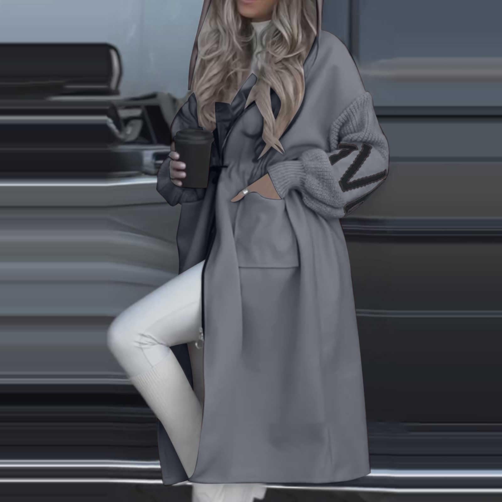 2026 Sudaderas con capucha larga chaqueta para mujer Letra de punto patchwork manga larga casual con cordón cintura ropa exterior con bolsillos