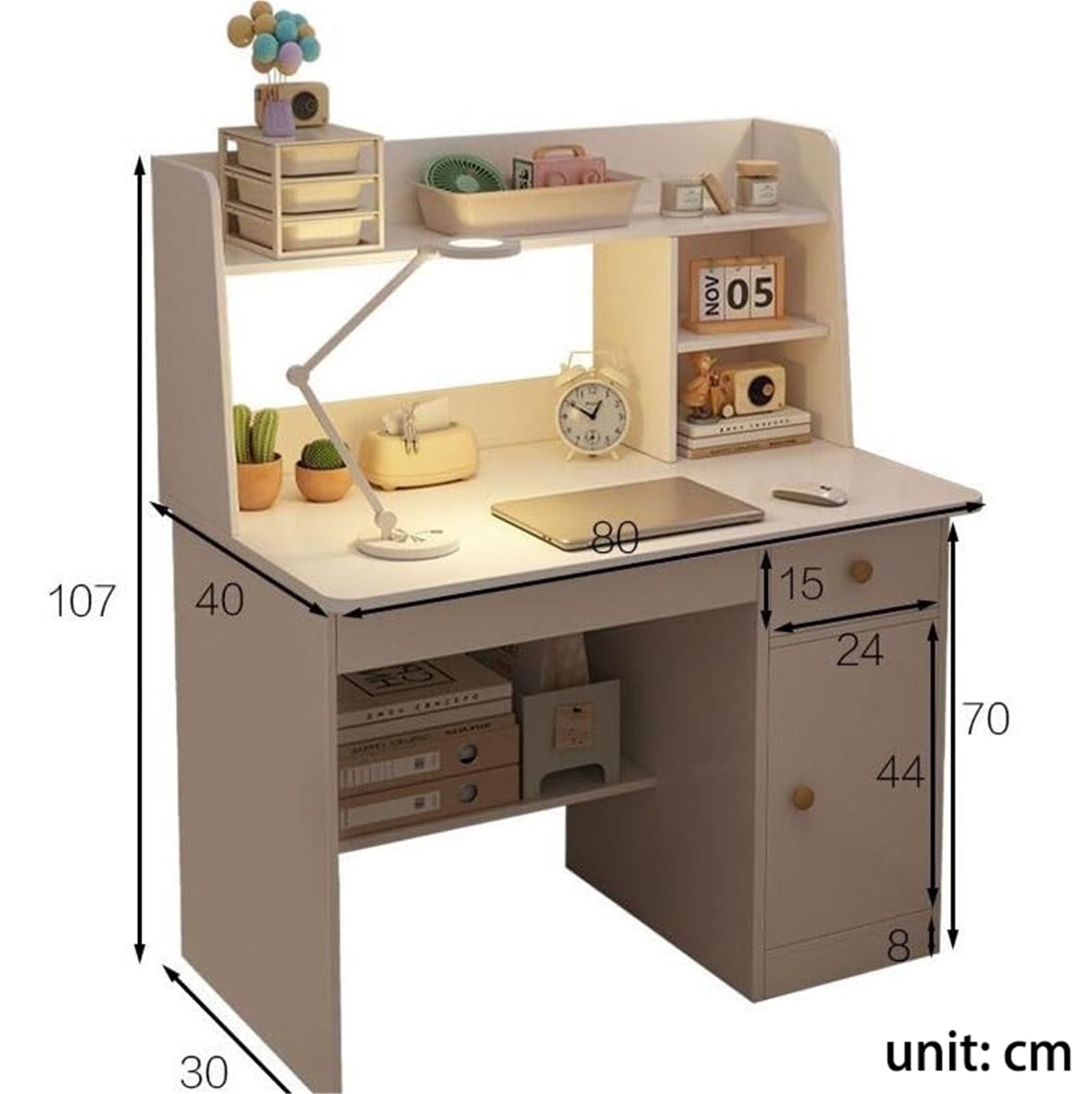 Escritorio Infantil Rosa con Estantería y Cajón, Mesa de Estudio Compacta con Armario y Baldas, Ordenador para Niños y Adolescentes, Mueble de Estudio que Ahorra Espacio para Dormitorio o Habitación