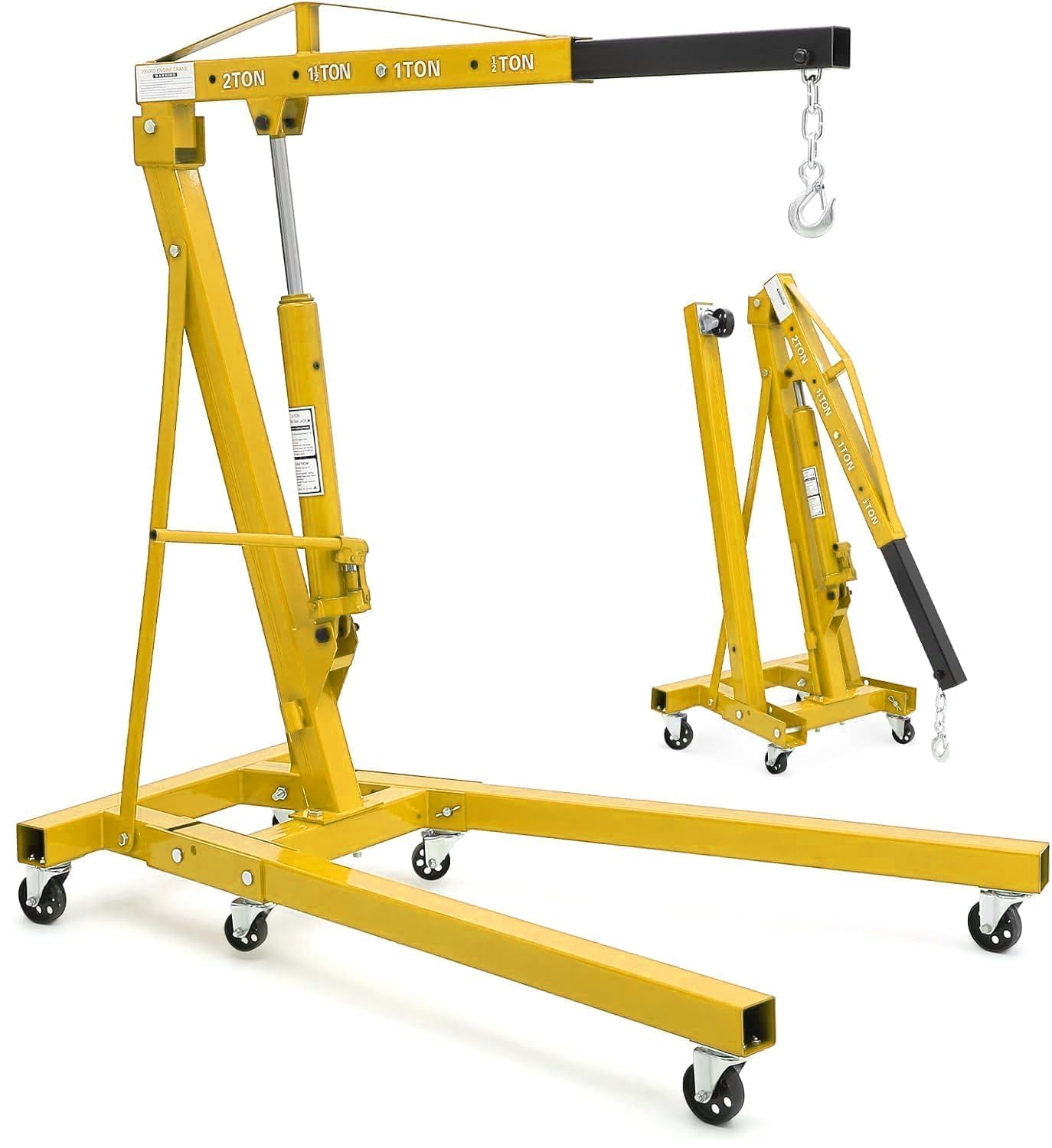 2 Ton Folding Hydraulic Engine Hoist Cherry Picker, 4400 Lbs Capacity, Adjustable Telescoping Boom, Heavy Duty Shop Crane with Load Leveler &amp; 6 Swivel Wheels, for Garage Workshop Warehouse Automotive