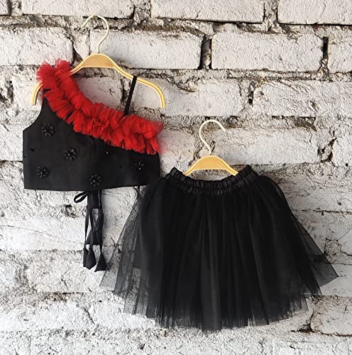 Image of ANNECA baby girl's designer rayon cotton modern crop top and naylon soft net knee lenth skirt clothing set