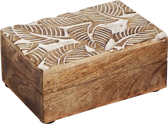Wooden Hand White Wash Leaf Design Jewelry Storage Box Holder | Tarot Card Trinket Keepsake Wooden Storage Box Perfect Gifts for Women 6x4x2.5 Inch
