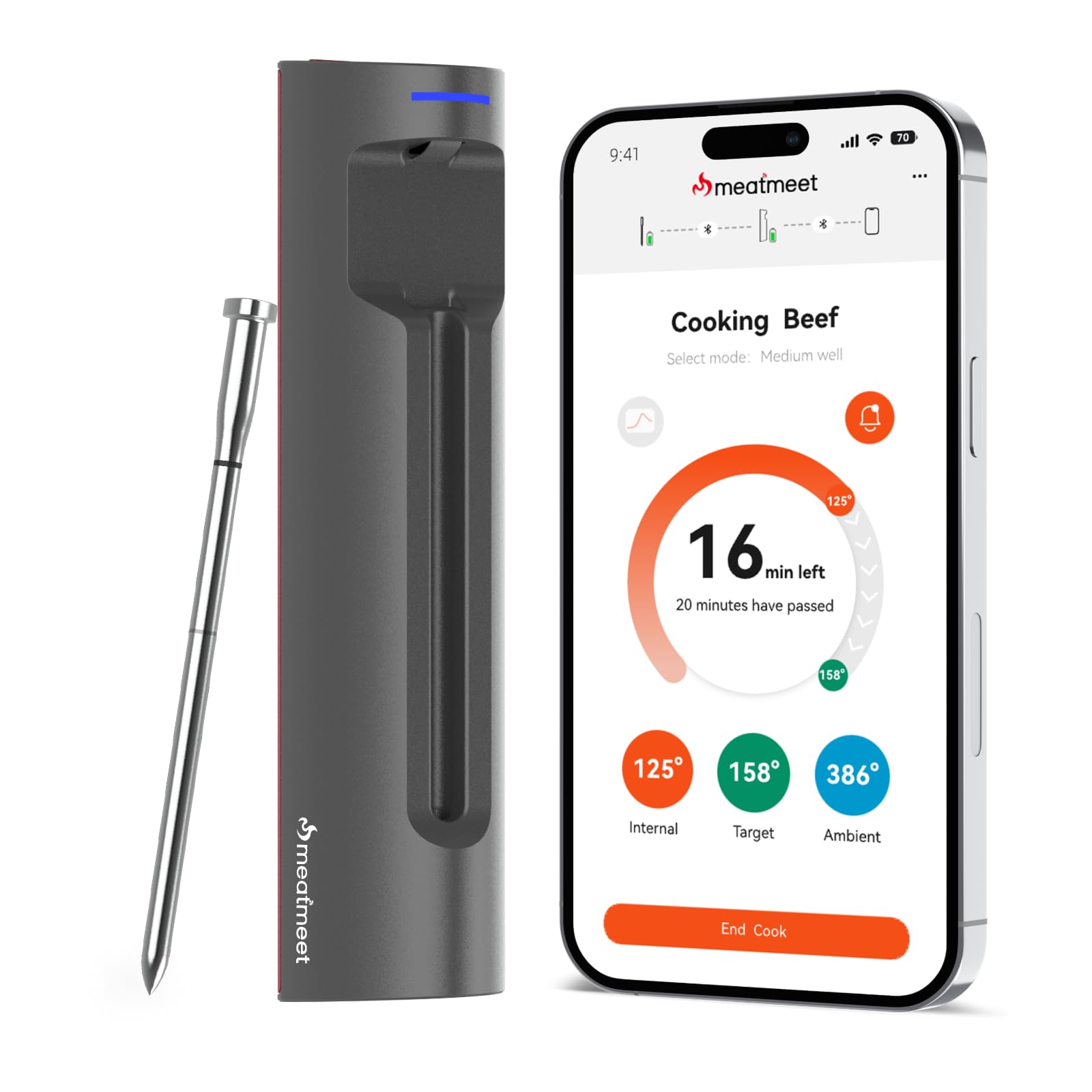 Meatmeet S Pro Termometro per carne con Bluetooth, 6 sensori di temperatura funzionano simultaneamente, precisione ±0,1°C, monitoraggio tramite app con allarme, IP69 impermeabile e resistente all'olio