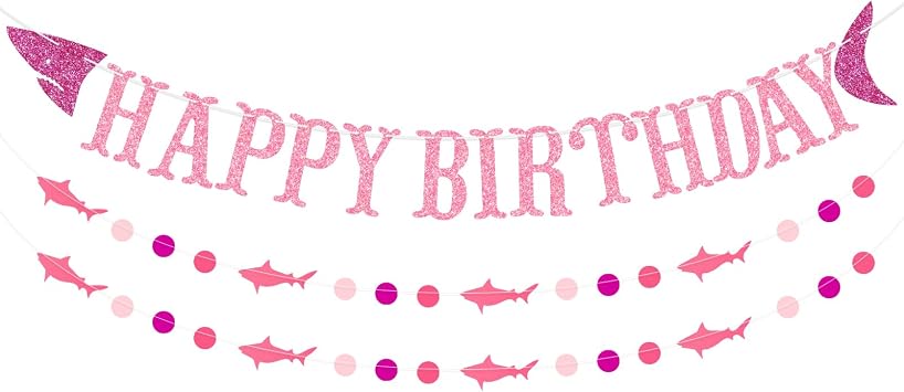 Shark Happy Birthday Banner, Shark Birthday Decorations | Pink Glitter Under The Sea Party Supplies, Ocean Theme Party Decoration, Pre-strung