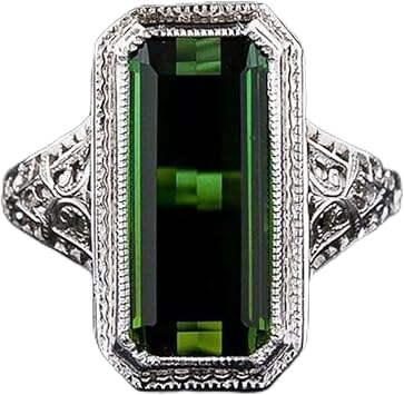 ChenFeng 925 Silver Handmade with Baguette Cut Simulated Green Emerald Stone Mens and Womens Band Ring 6