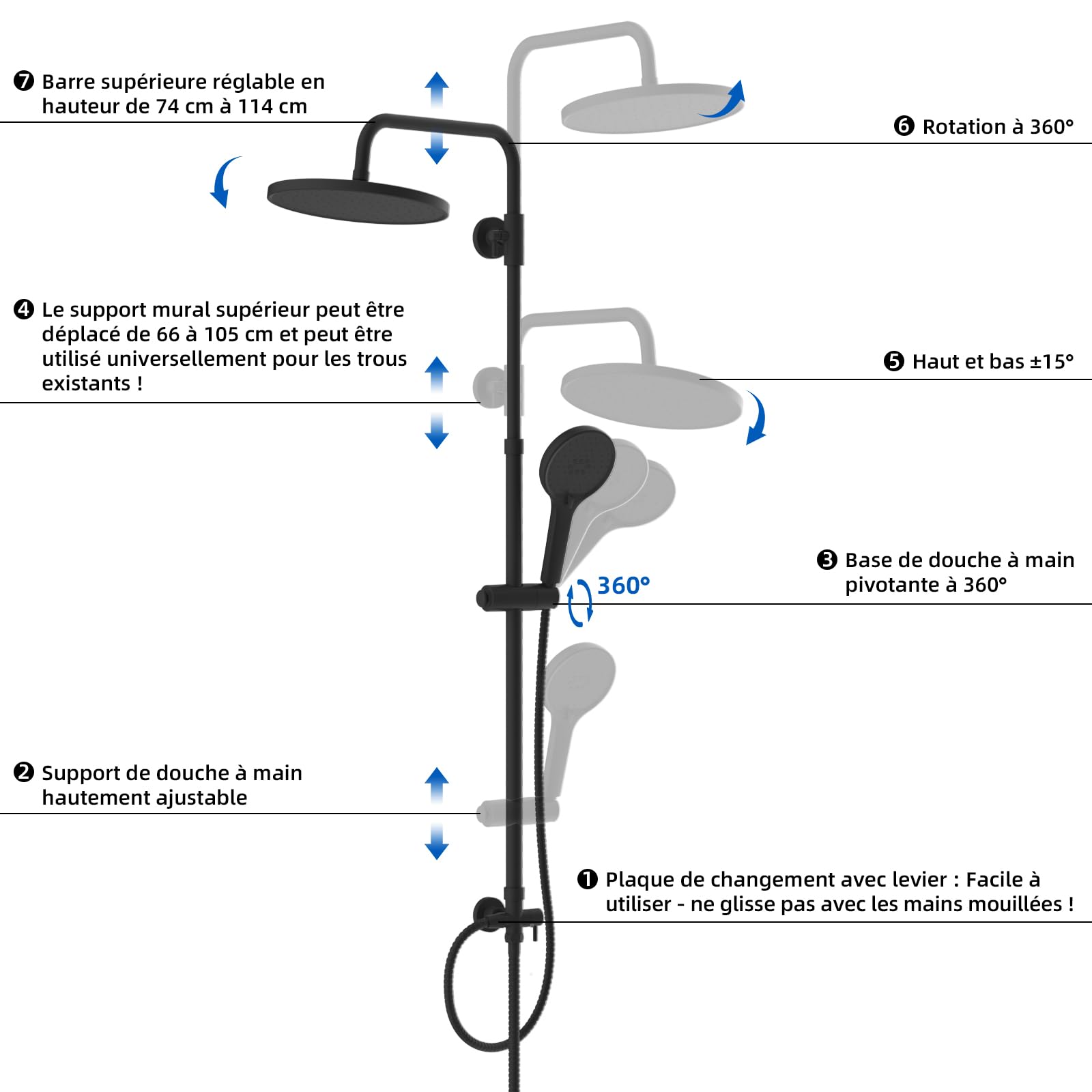 Hibbent Mélangeur de Douche Auto-Nettoyant, Système de Robinet de Douche Rond en Acier Inoxydable avec Tuyau, Pommeau de Douche et Douchette ABS,Noir | Pommeau de douche à 3 jets avec rail en acier inoxydable (304), réglable en hauteur, avec inverseur en