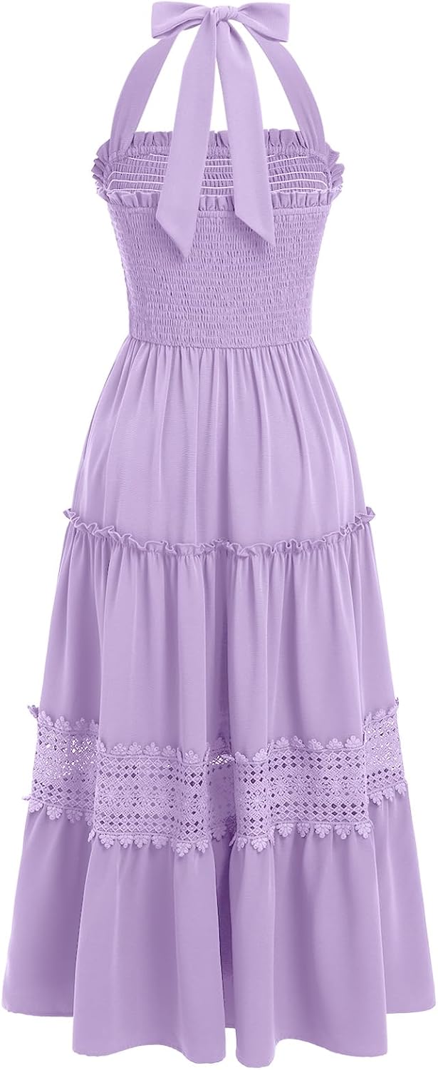 Women's Summer Boho Dress Halter Neck Smocked Lace Ruffle A-line Dress Beach Maxi Dress - Image 8