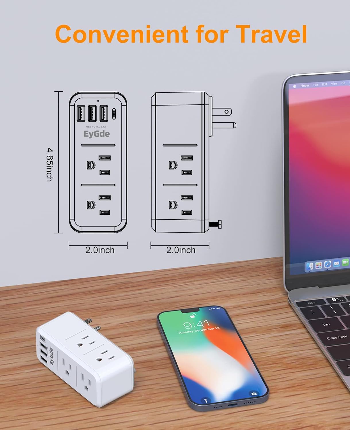 2 Pack EyGde Multi Plug Outlet Extender Surge Protector 1700J, Wall Power Strip with Rotating Plug & 4 USB Charging Ports (1 USB C), 3 Side Swivel Outlet Splitter with 6 Spaced Sockets for Home Office