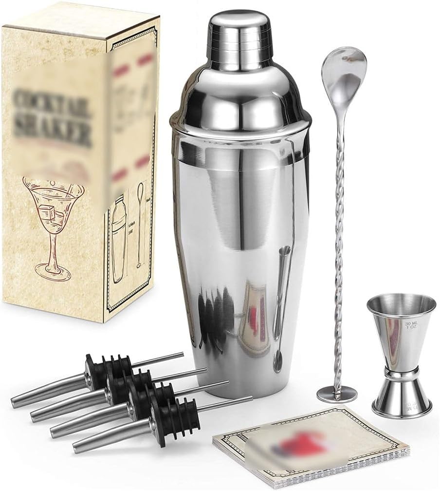 8 Piece Cocktail Shaker Set Stainless Steel Barware with 4 Pourers