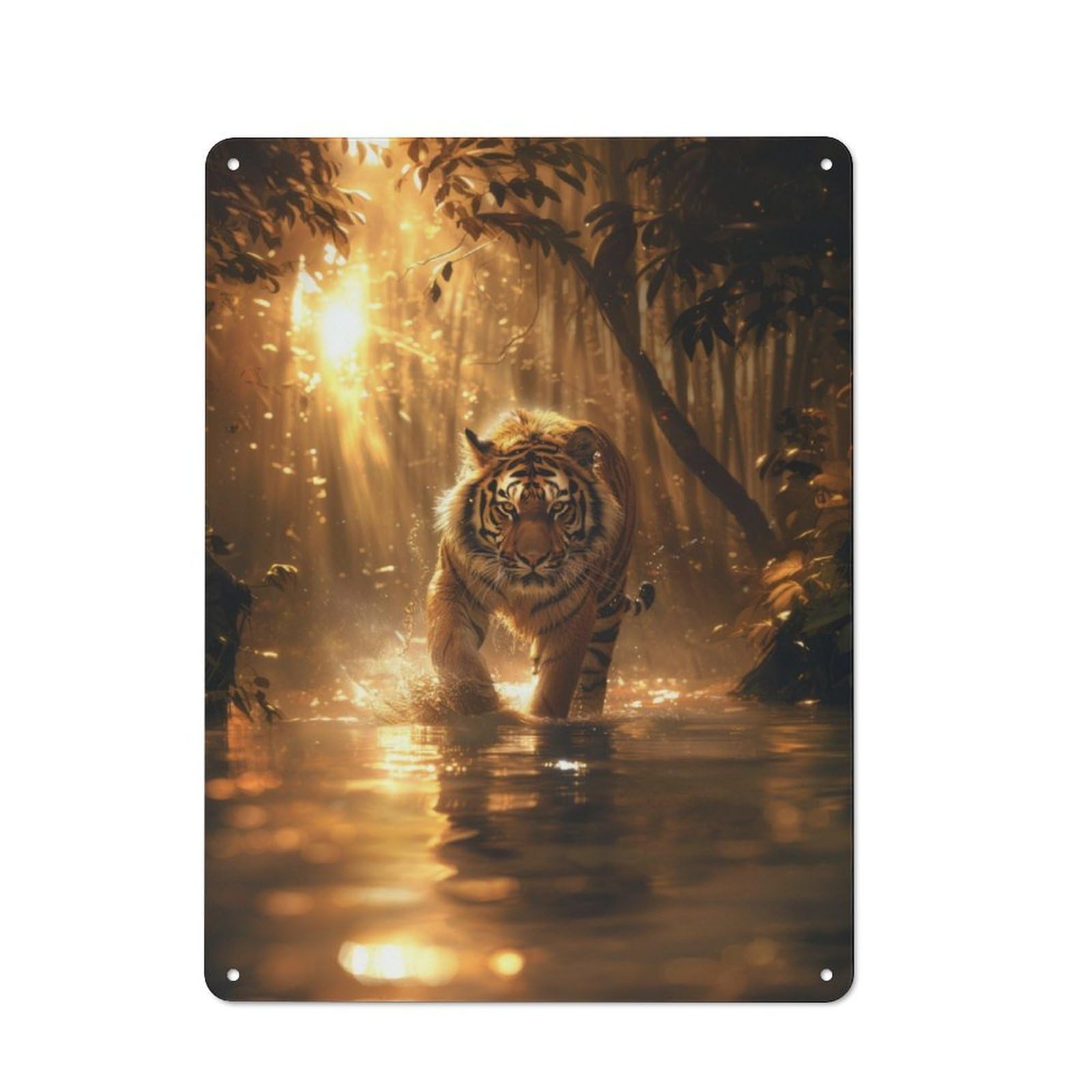 Junmoney Tiger In Golden Forest Decorative Metal Plaque 40X30cm, Garage Style Shed Wall Plaque For Workshop, Basement, Shed Or Games Room