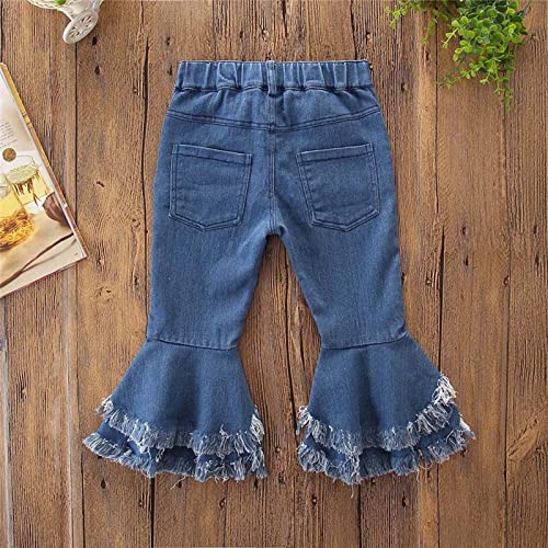 Girls Bell Bottom Denim Pants Ruffle Tassel Jeans High Waist Casual Flare Pants with Pockets for Toddler Kids4