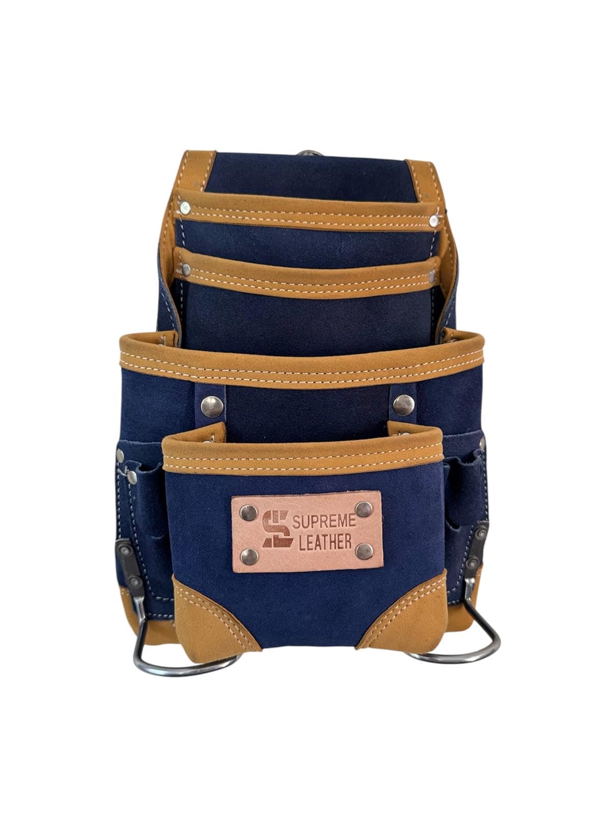 Supreme Leather 10-Pocket Suede Tool Pouch – Heavy-Duty Reinforced Corners, Fits 3” Belts, Multi-Purpose Leather Tool Bag for Construction, Crafting,