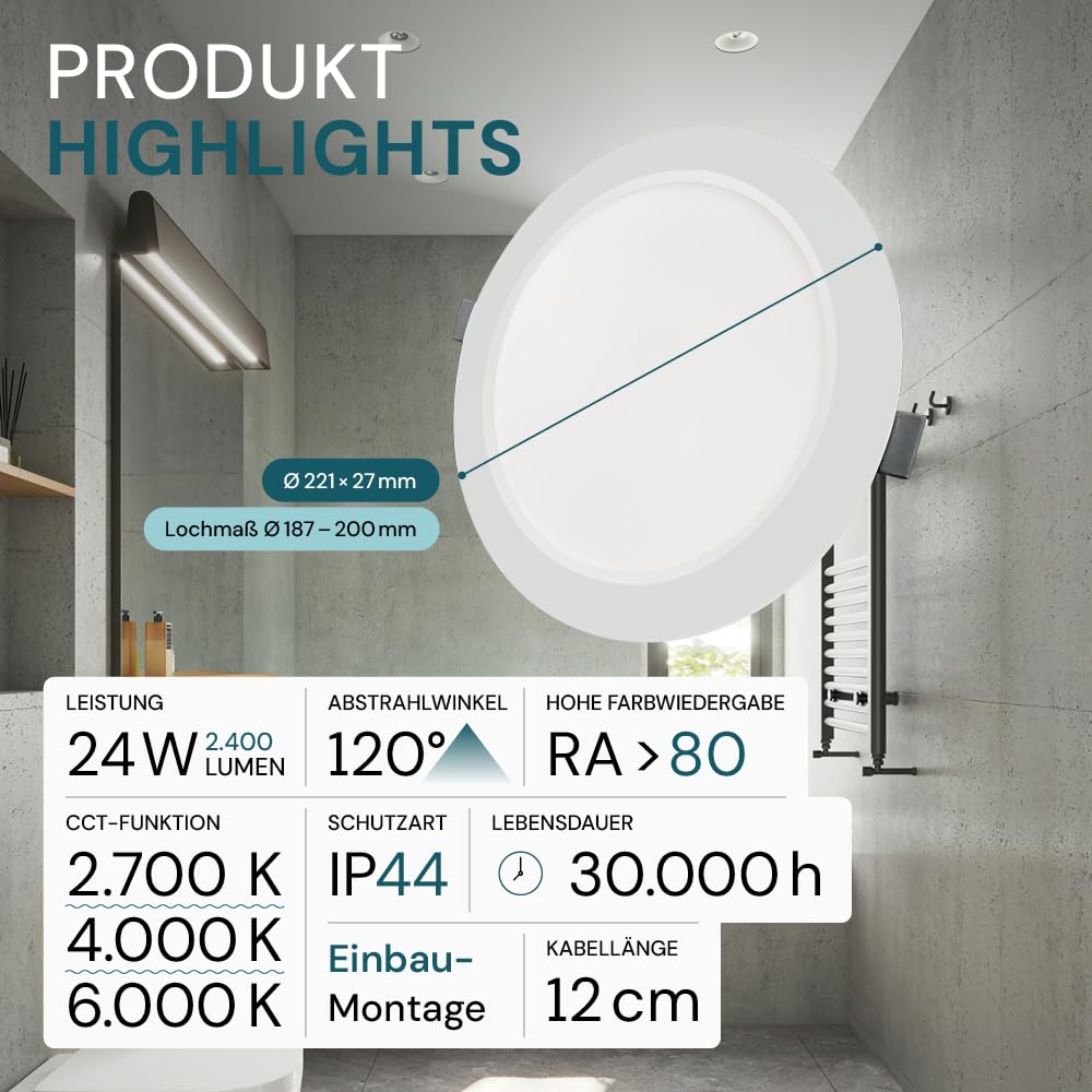 LUXULA LED Einbauleuchte rund Weiß, 4 Stück Ø295x28mm, 24W 2400lm, IP44 Einbaustrahler flach CCT 2700K 4000K 6000K einstellbar, LED Deckenstrahler Einbauleuchte 230V Bad, Küche & Innenräume