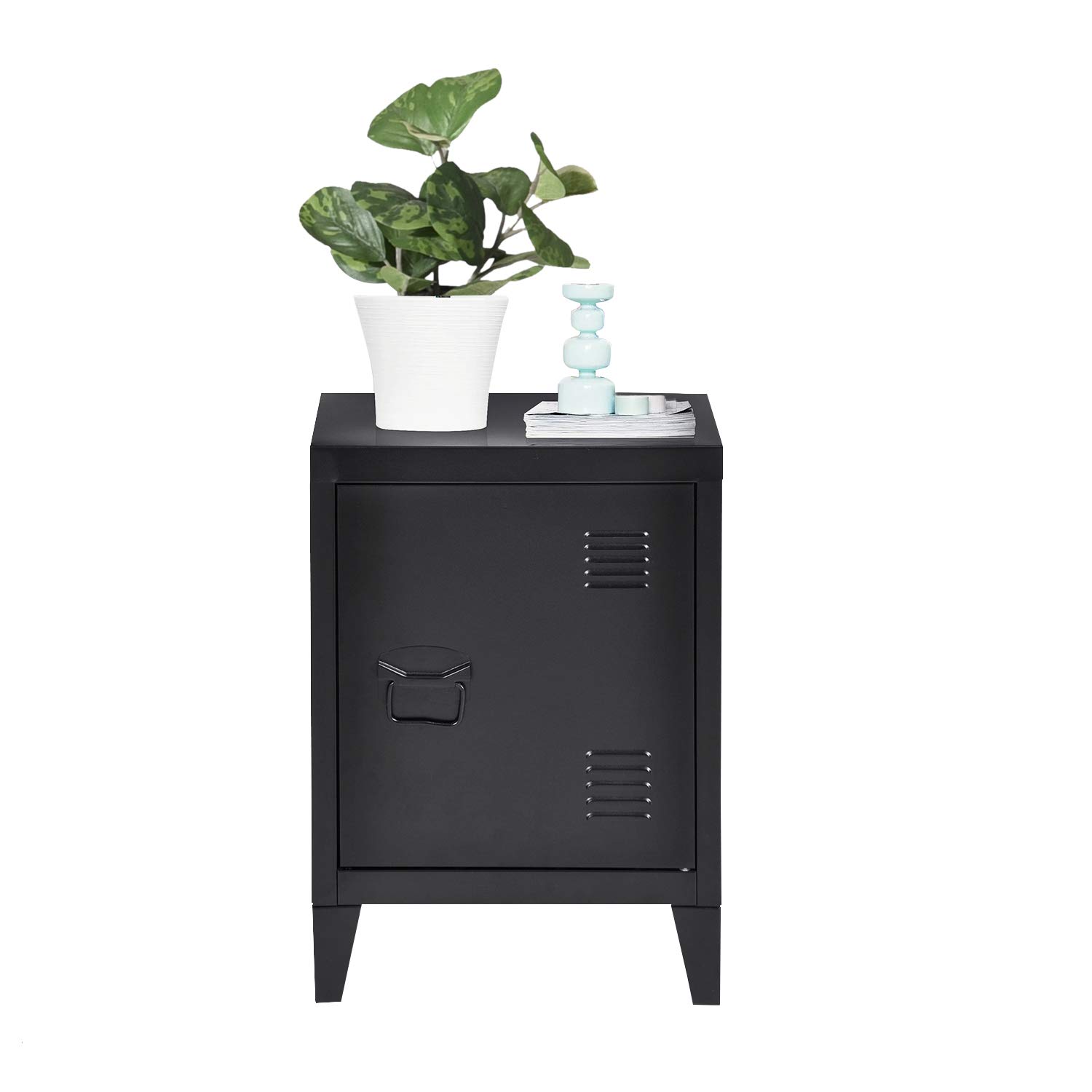FurnitureR Armadietto portaoggetti verticale in metallo, tavolino con ripiani a 2 livelli, comodino per soggiorno, camera da letto, ufficio, nero