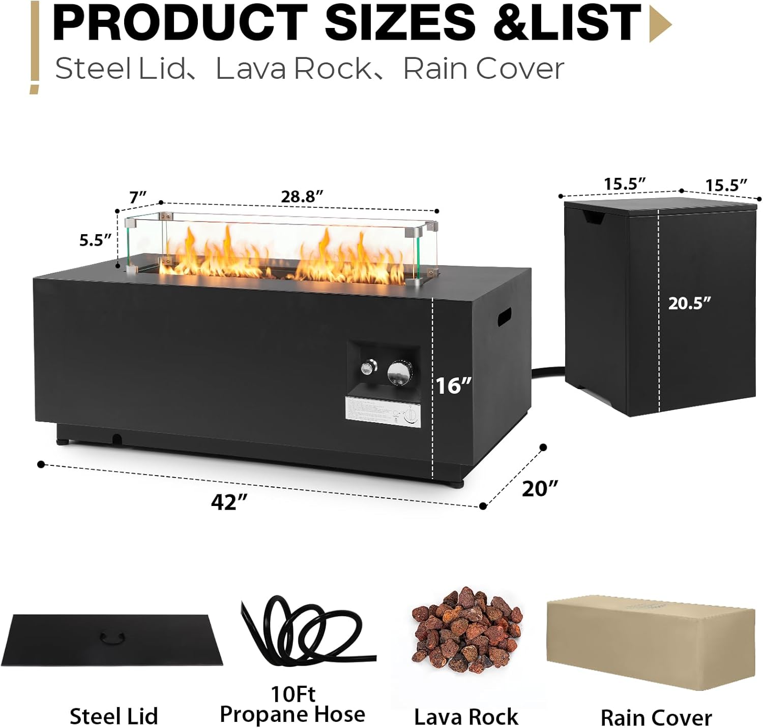 42'' Outdoor Propane Fire Pit Table, 50,000 BTU Rectanle Natural Gas Fire Pits with Tank Cover Wind Guard, No Assembly Low Profile Fire Table for Outside Patio & Backyard, Black
