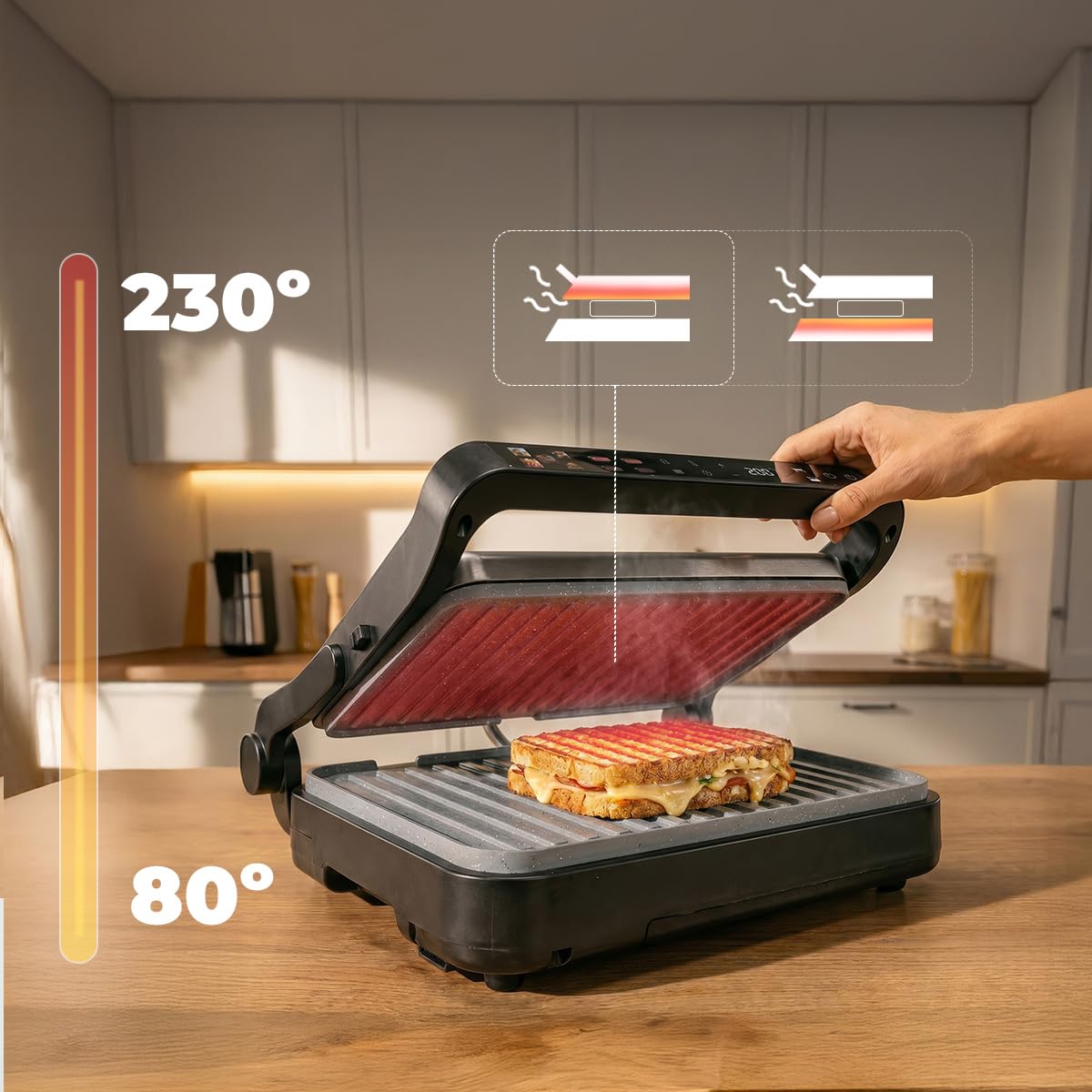 Cecotec Elektrogrill Rock'nGrill 2000 PerfectCook. 2000 W, Temperaturfühler, Touch-Steuerung, Dual-Temp, Öffnung 105 °C, Fettauffang, abnehmbare Platten, 30x23 cm, Edelstahl