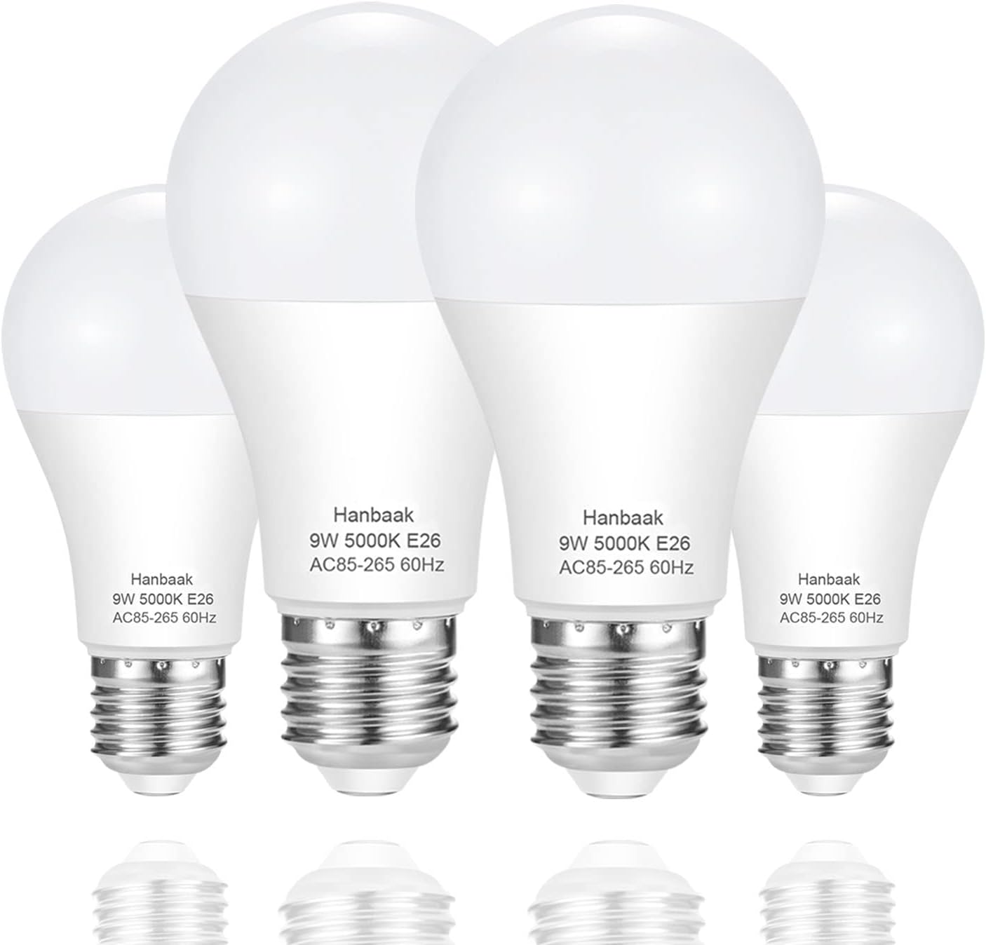 Hanbaak E26 LED Bulb, 60W Equivalent Light Bulb, 9W Medium Screw Base Bulb, Non-Dimmable, Daylight White 5000K 4 Packs