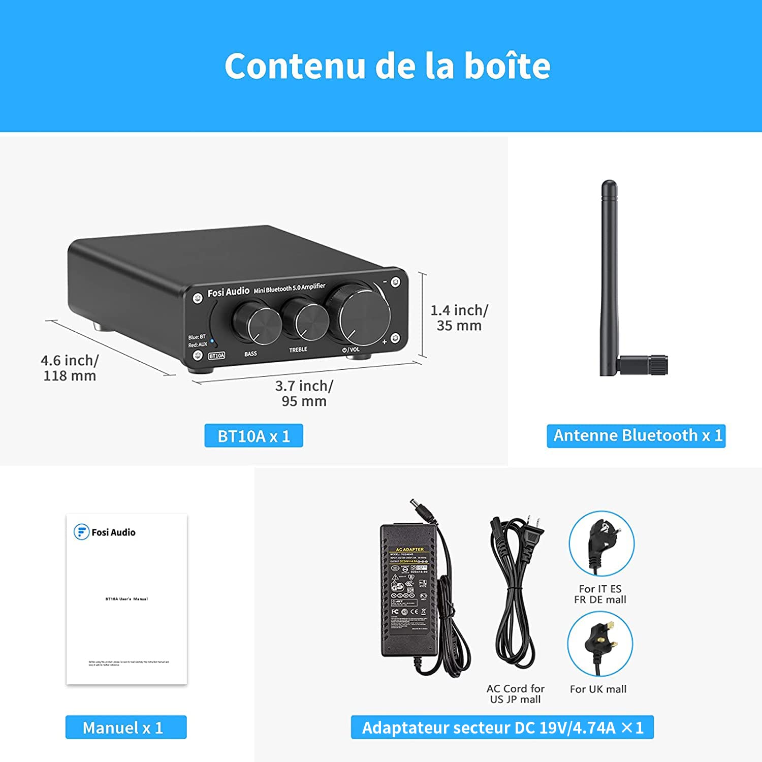 Fosi Audio BT10A Amplificateur Audio Bluetooth 5.0, Ampli Stéréo HiFi 2 Canaux avec Puce TPA3116, 50W x2 Amplificateur de Puissance HiFi Classe D avec Contrôle des Basses et des Aigus pour Home Cinema