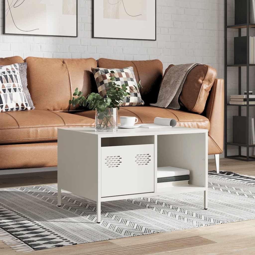 Mesa de centro blanca 68,5 × 50 × 43,5 cm, acero frío, altura regulable, 1 cajón y estante, pequeña mesa auxiliar
