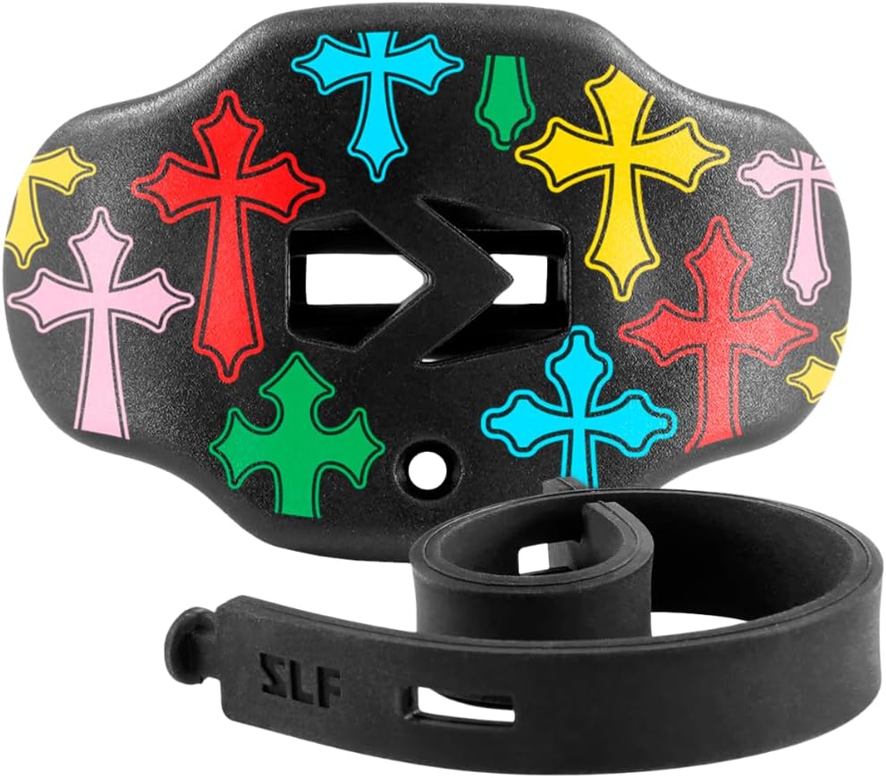 SLEEFS Football Mouth Guard - Youth Mouthguard with Strap - Lip/Teeth Protector Mouthpiece - No Boil - for Youth/Adults, Maximum Air Flow, for All Sports - Crosses Chroma Black
