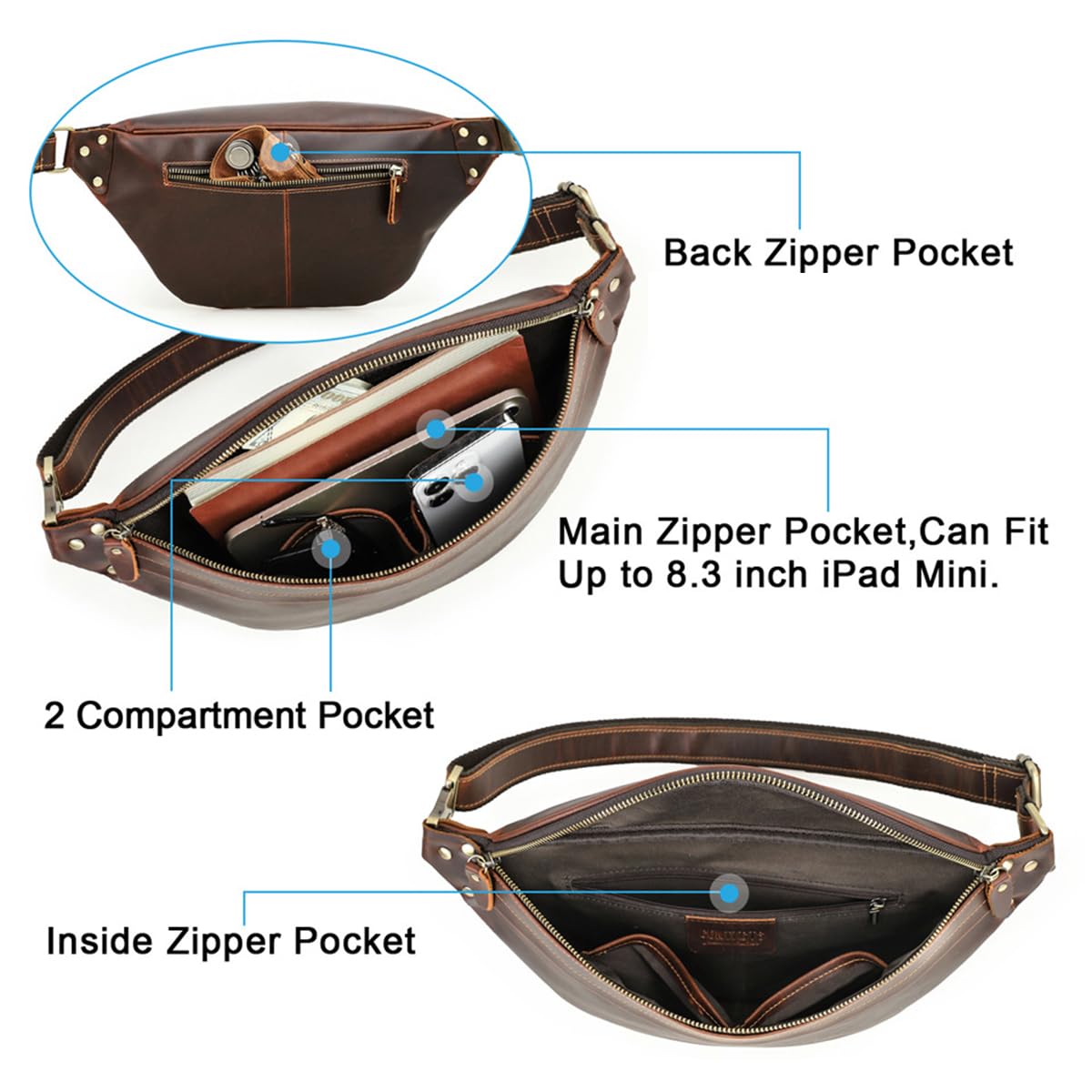 Skórzana saszetka biodrowa dla mężczyzn, wielofunkcyjna torba na ramię Crossbody, casualowa podróżna plecak Sling Bag z wieloma kieszeniami, do uprawiania sportu, jazdy na rowerze, kawowy