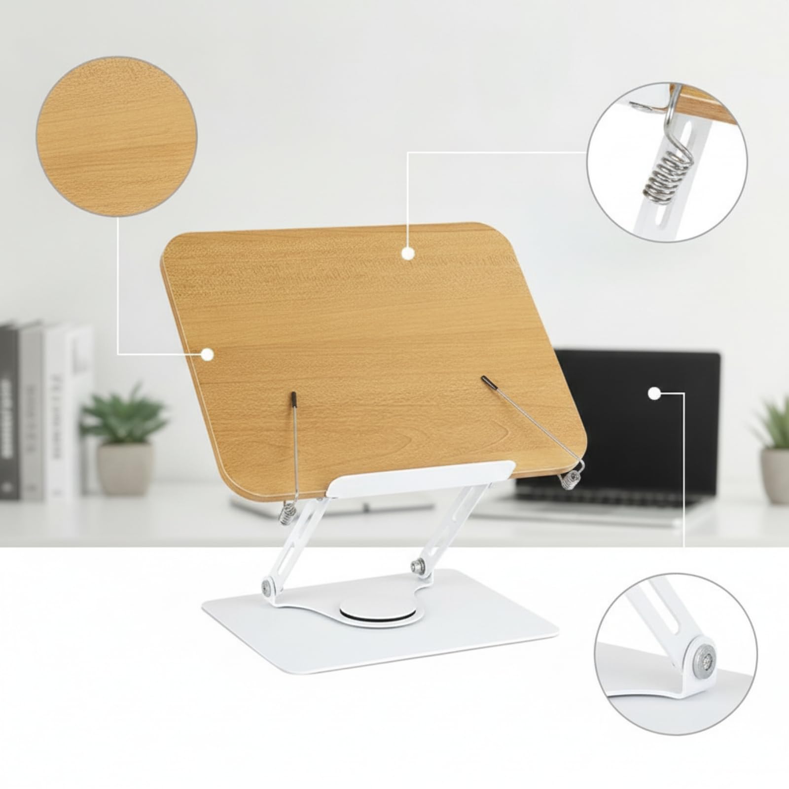Atril Madera con Base Metal Estable Soporte Lectura Regulable Atril Mesa para Estudiantes, Blanco, Soporte De Lectura Giratorio Con Marco De Acero Blanco Y Tablero De Madera