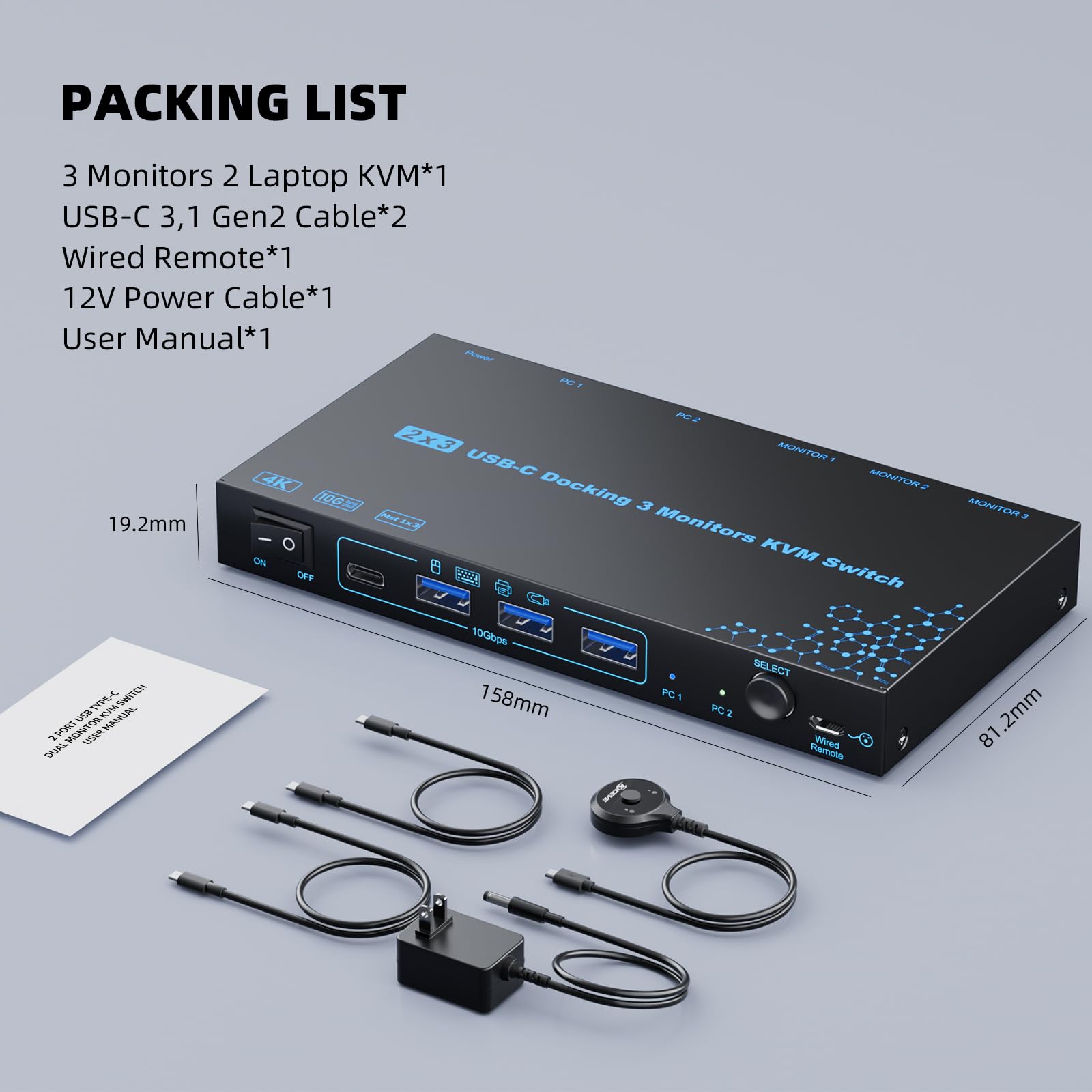 2 Laptops 3 Monitore KVM Switch 2 Port MST Dual USB-C Docking KVM Unterstützung für drei Monitore Max 10 Gbit/s USB-Übertragung Zwei 4K@60Hz- und ein 1080P@60Hz-Videoausgang 100 W PD-Ladefunktion
