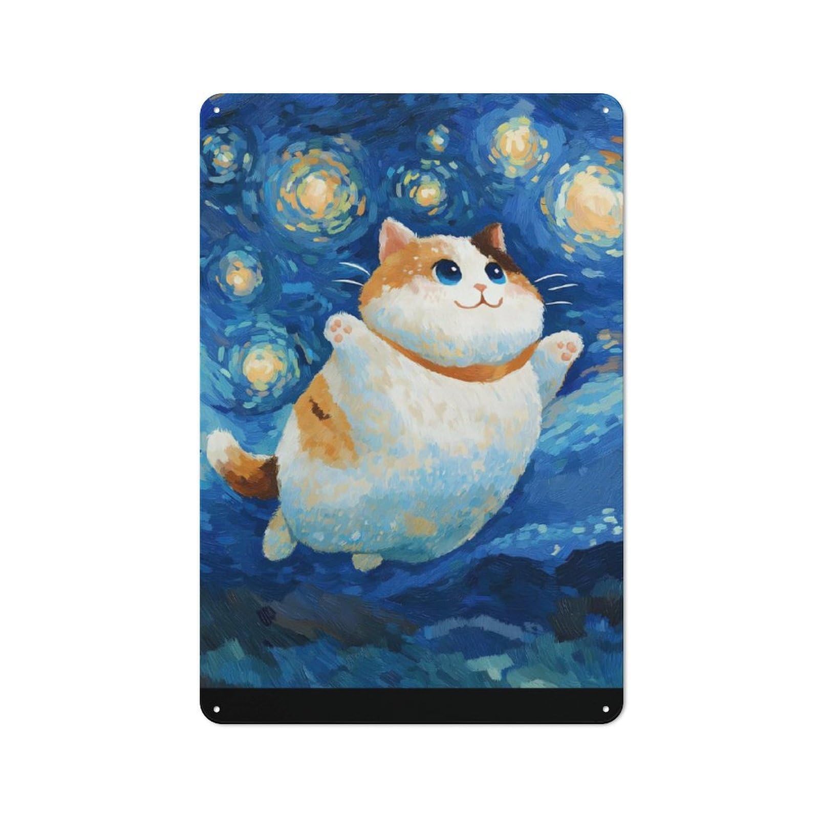 Junmoney Style-14 Industrial Decorative Metal Plaque 30X20cm Featuring Chubby Cat In Starry Night Painting, Urban Room Decor For Flat, Bar, Studio Or Gallery Wall