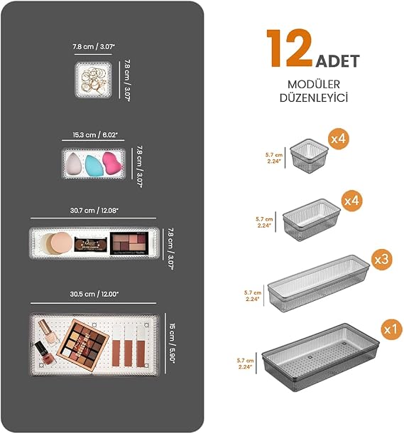 Meleni Home 12-Piece Modular Jewelry Makeup Organizer - Bathroom Drawer Organizer Set Black