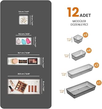 Meleni Home 12-Piece Modular Jewelry Makeup Organizer - Bathroom Drawer Organizer Set Black
