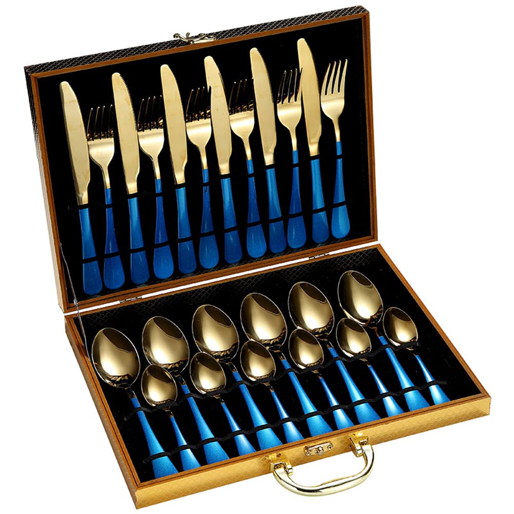 Ensemble De Couverts en Acier Inoxydable Forgé 24Pcs, Conception Classique Et Simple, en Argent d'argent en Acier Inoxydable pour La Maison/Bureau/Fête,Blue Gold