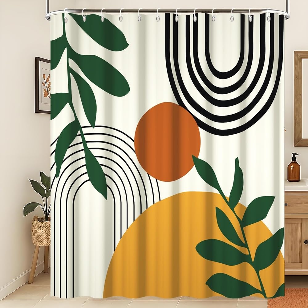 Xiaoterna Boho Sun Line Shower Curtain, Leaf, Abstract Pattern, Beige, 180x200cm, Waterproof, Machine Washable, Polyester Fabric, Bathroom Curtain