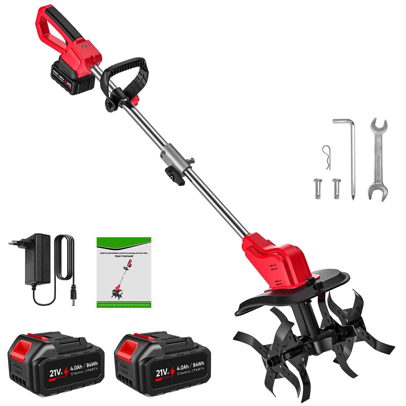 Motoazada Bateria, Motoazada Electrica con 2 Baterías 4.0Ah, 21V 550W con Pantalla LED, 6000 RPM y 4 Cuchillas, 30 cm de Ancho y 22 cm de Profundidad, Arado de Jardín Ideal para Huerto, Césped