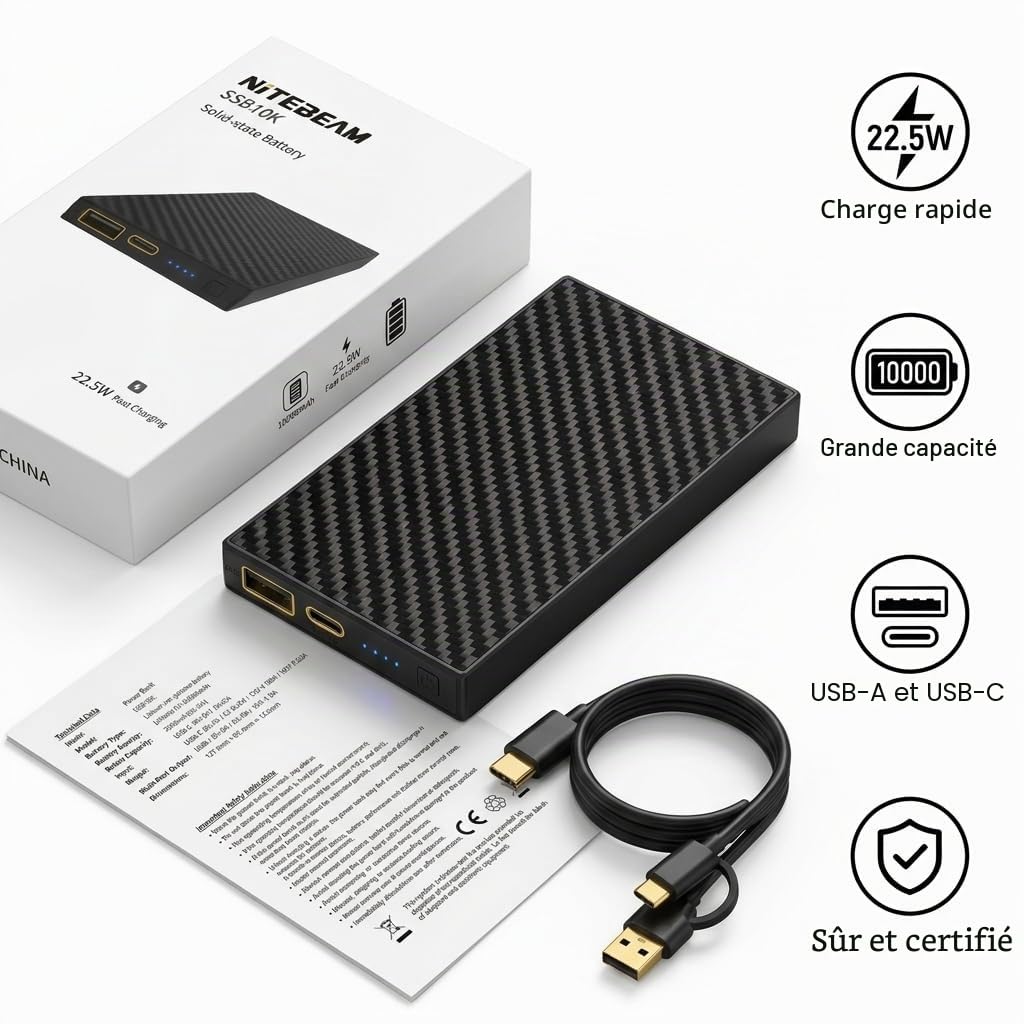 SSB10K Chargeur portable en fibre de carbone 10 000 mAh, ultra mince 1,1 cm, léger 175 g, batterie externe sûre et durable pour téléphone, Android, voyage