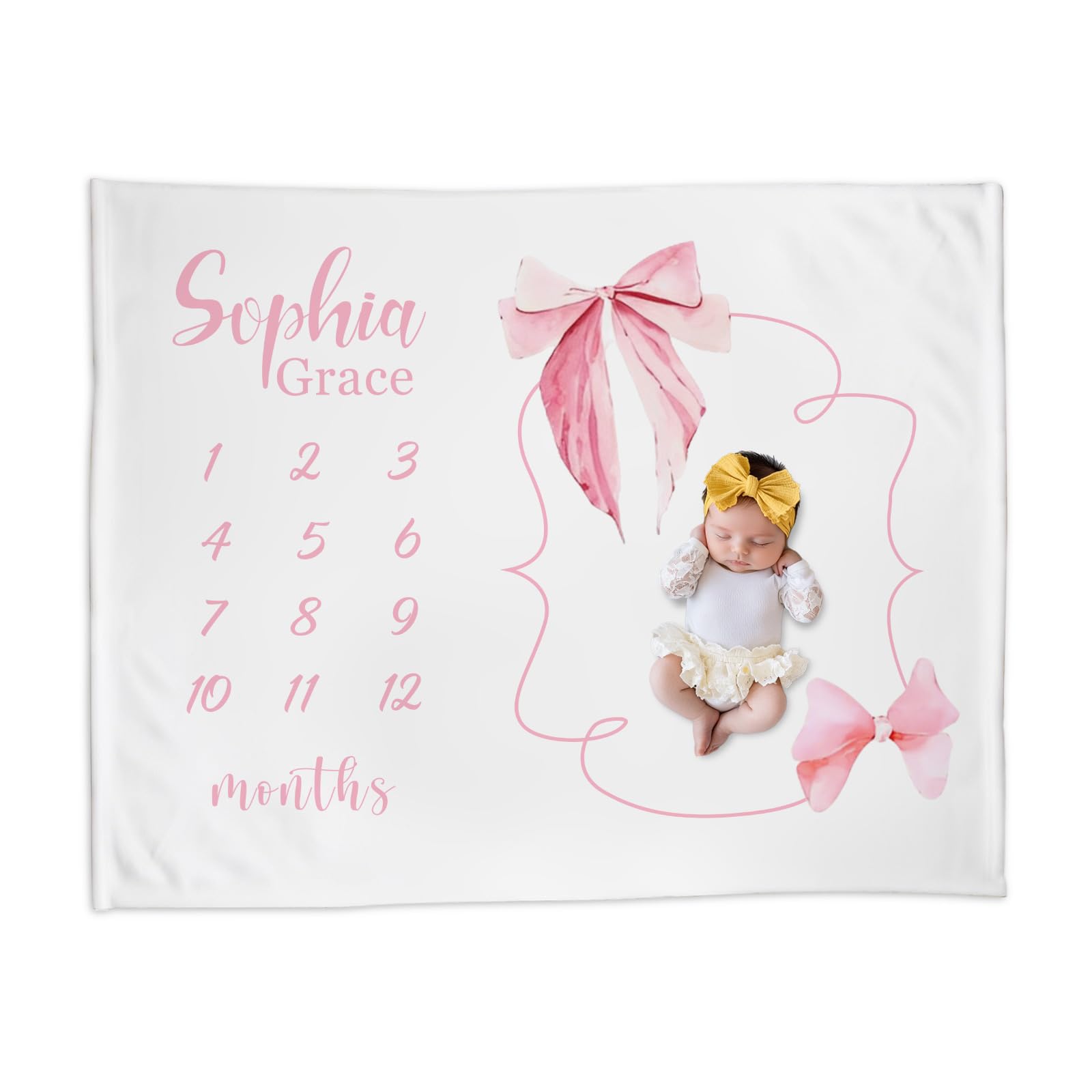 Munific Personalized Baby Milestone Blanket, Custom Newborn Girl Bow Pink Fleece Throw Blanket, 40"x50", Customized Milestone