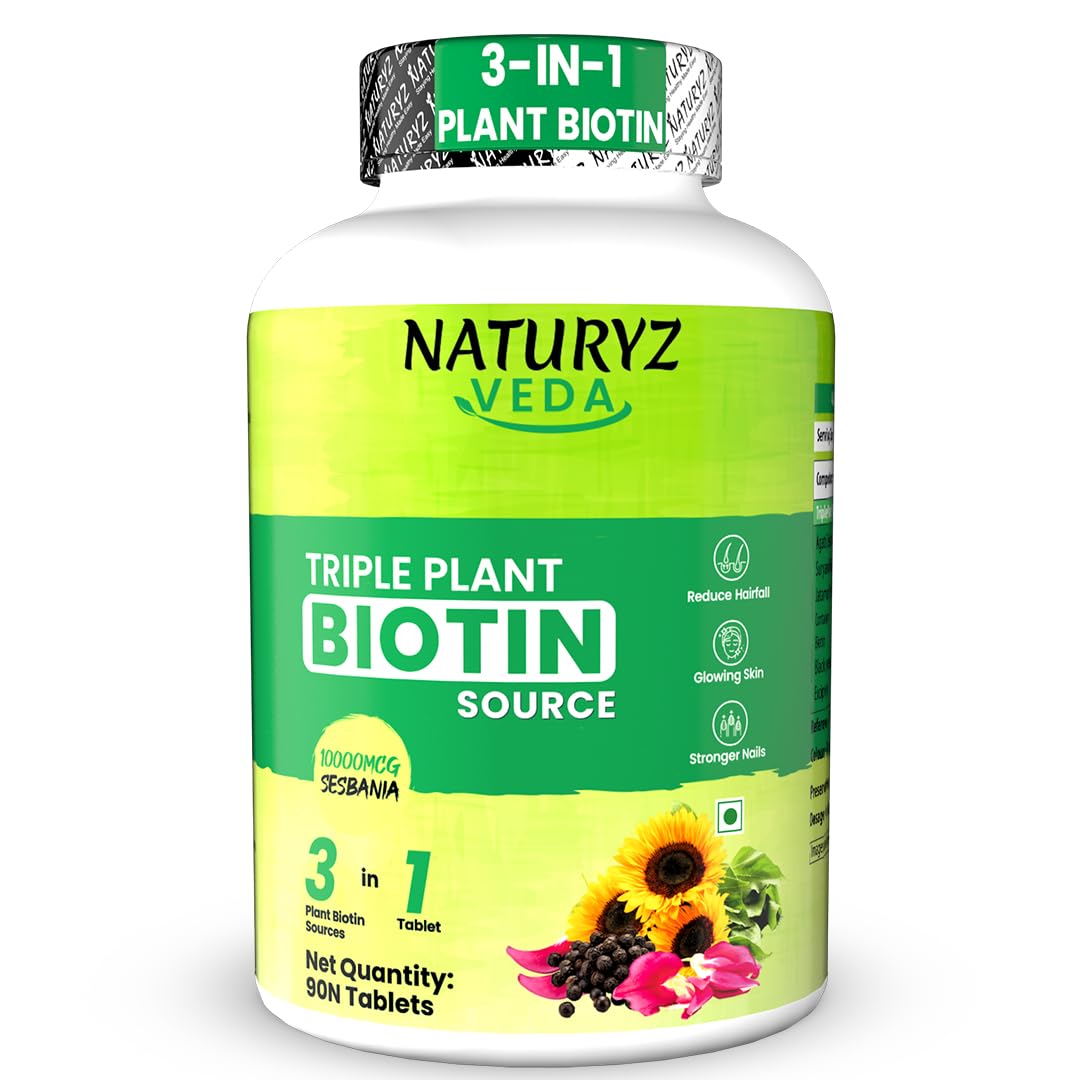 NATURYZ VEDA Triple Plant Biotin for Hair growth | 100% RDA Biotin| Sesbania Agati | Suryamukhi |Jatamansi | Black pepper | Better Absorption with 3 Vegan Sources | Stronger & Increased Hair density | Shinier Nails | Glowing Skin - 90 Tablets