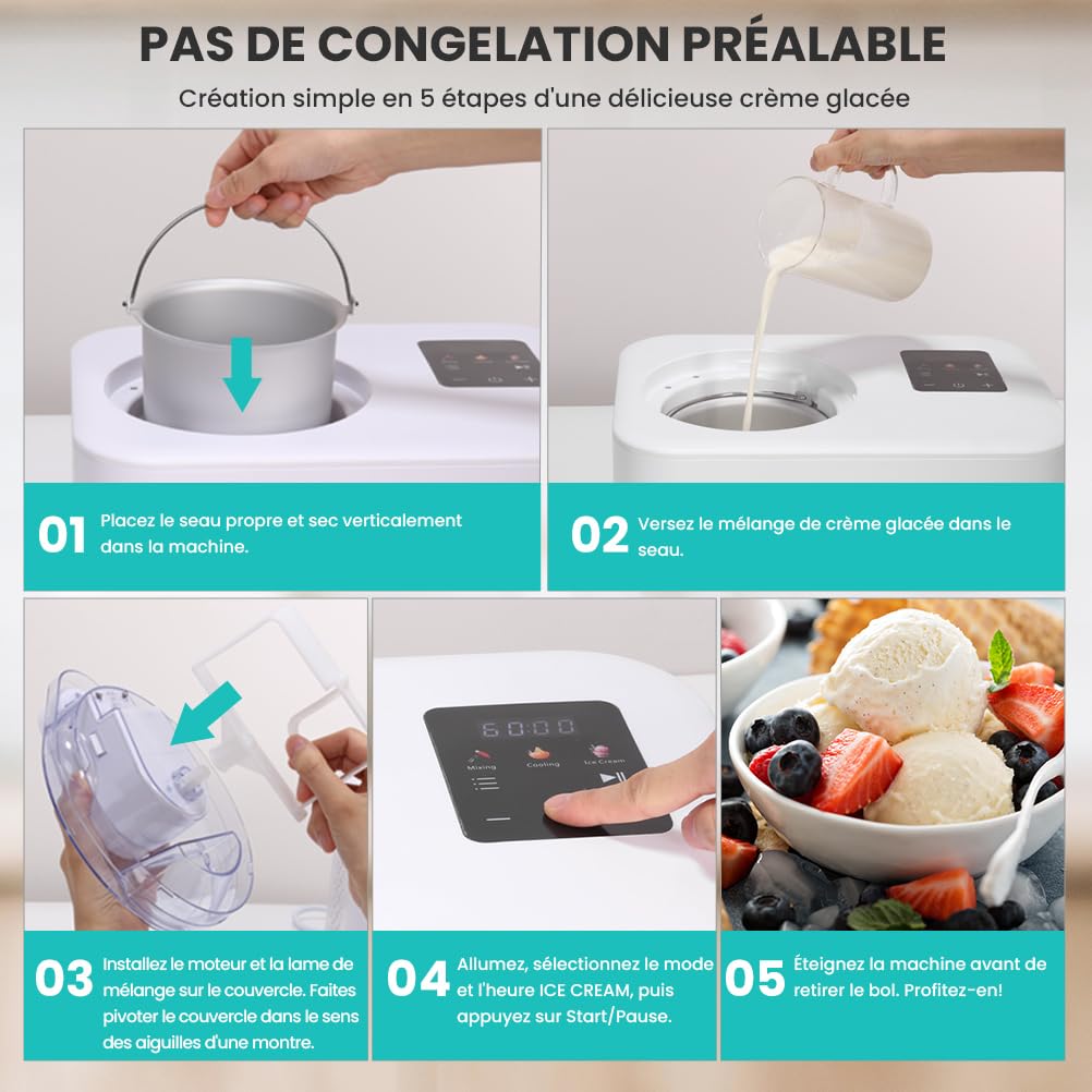 Sorbetiere Turbine a Glace avec Compresseur 1,2L, Sorbetière Electrique Auto-refroidissan, Machine a Glace pour Faire Sorbets/Crème Glacée/Gelato