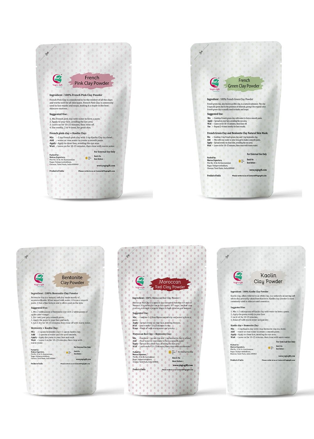 Confezione da 5 argille per maschere e saponi | Rosa, verde francese, caolino, rosso marocchino e argilla bentonitica | 227 g ciascuno | Il miglior pacchetto per progetti fai da te | Yogi's Gift®