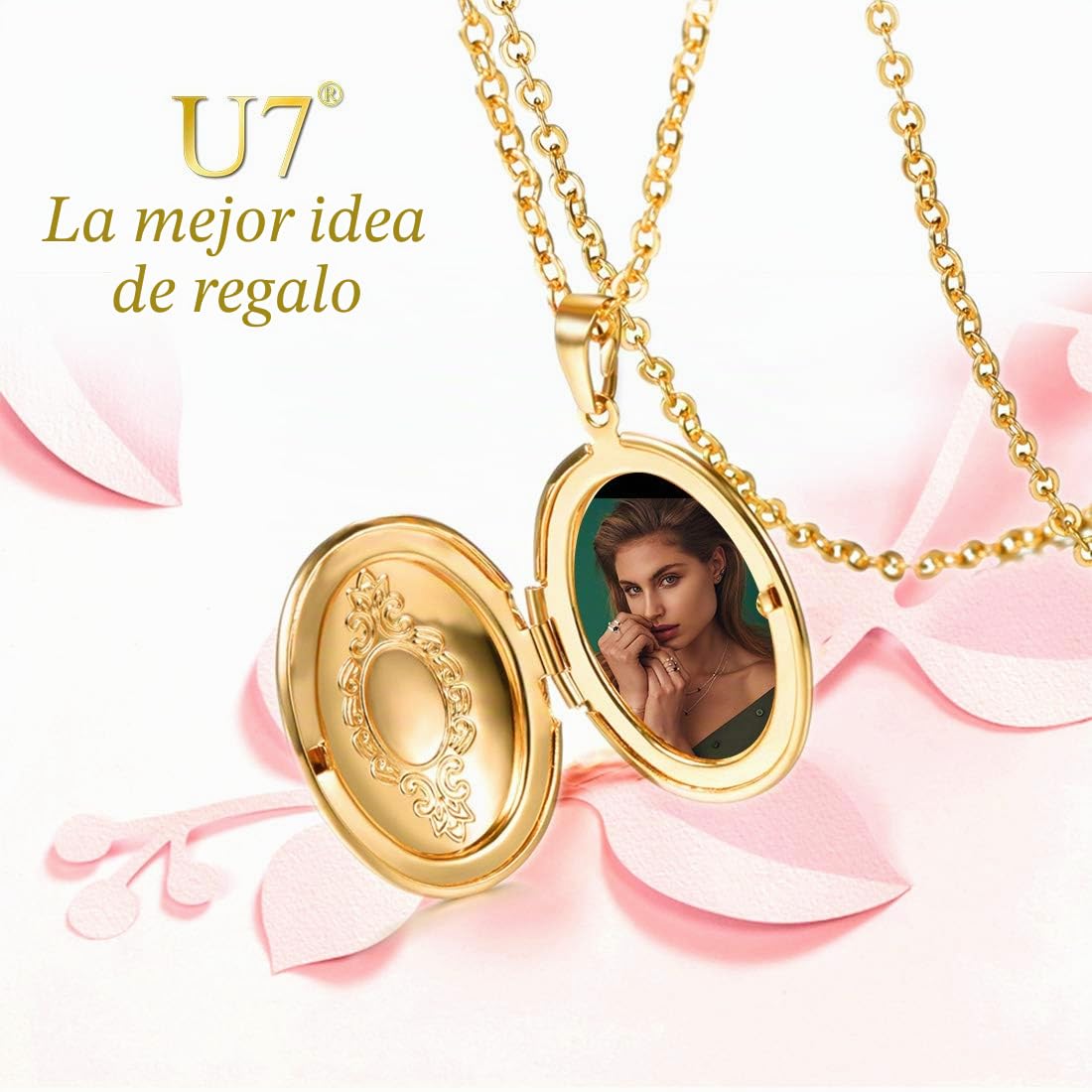 U7 Collar Mujer Personalizable con Fotografía y Texto Acero Inoxidable Colgante Mujer Personalizado Medallón con Cadena de 50 + 5 cm Regalos para Mujeres Mamma Amiga Hija