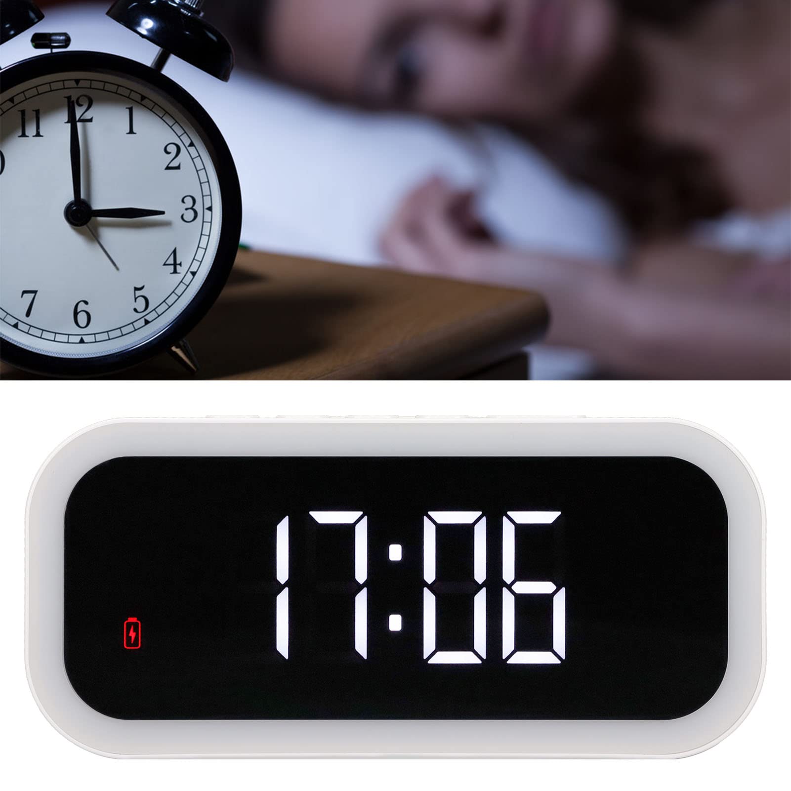 Nachtlicht-Wecker, Elegant, Einstellbare Lautstärke, LED-Uhr für Schlafzimmer und Heimdekoration, 15 W, Kabelloses Aufladen, Weiß